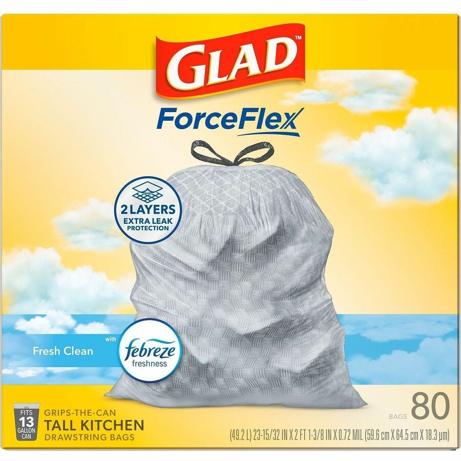 Glad ForceFlex Tall Kitchen Drawstring Trash Bags - Fresh Clean with Febreze Freshness - 13 gal Capacity - 0.78 mil (20 Micron) Thickness - Drawstring Closure - White - Kitchen, Garbage, Home, Breakroom, Cafeteria, Restaurant, Commercial/ - 80 / Box
