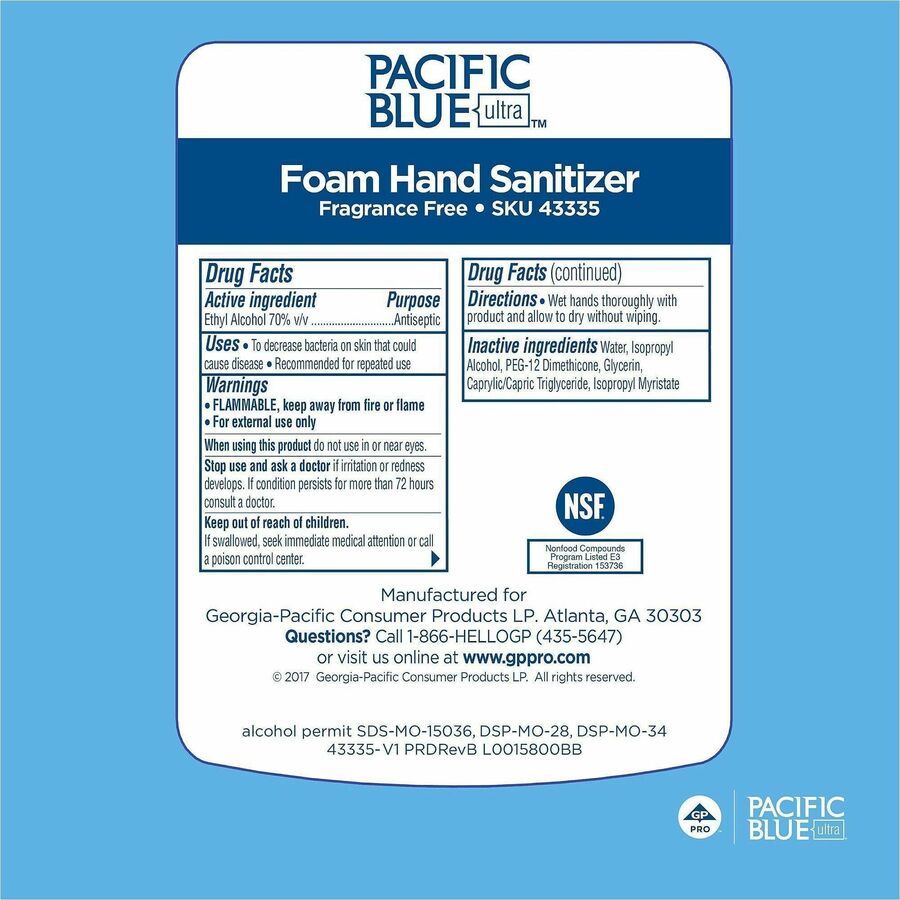 Pacific Blue Ultra Hand Sanitizer Foam Refill - 1.06 quart - Squeeze Bottle Dispenser - Kill Germs - Hand, Skin - Moisturizing - Clear - Dye-free, Fragrance-free, Food-safe - 4 / Carton
