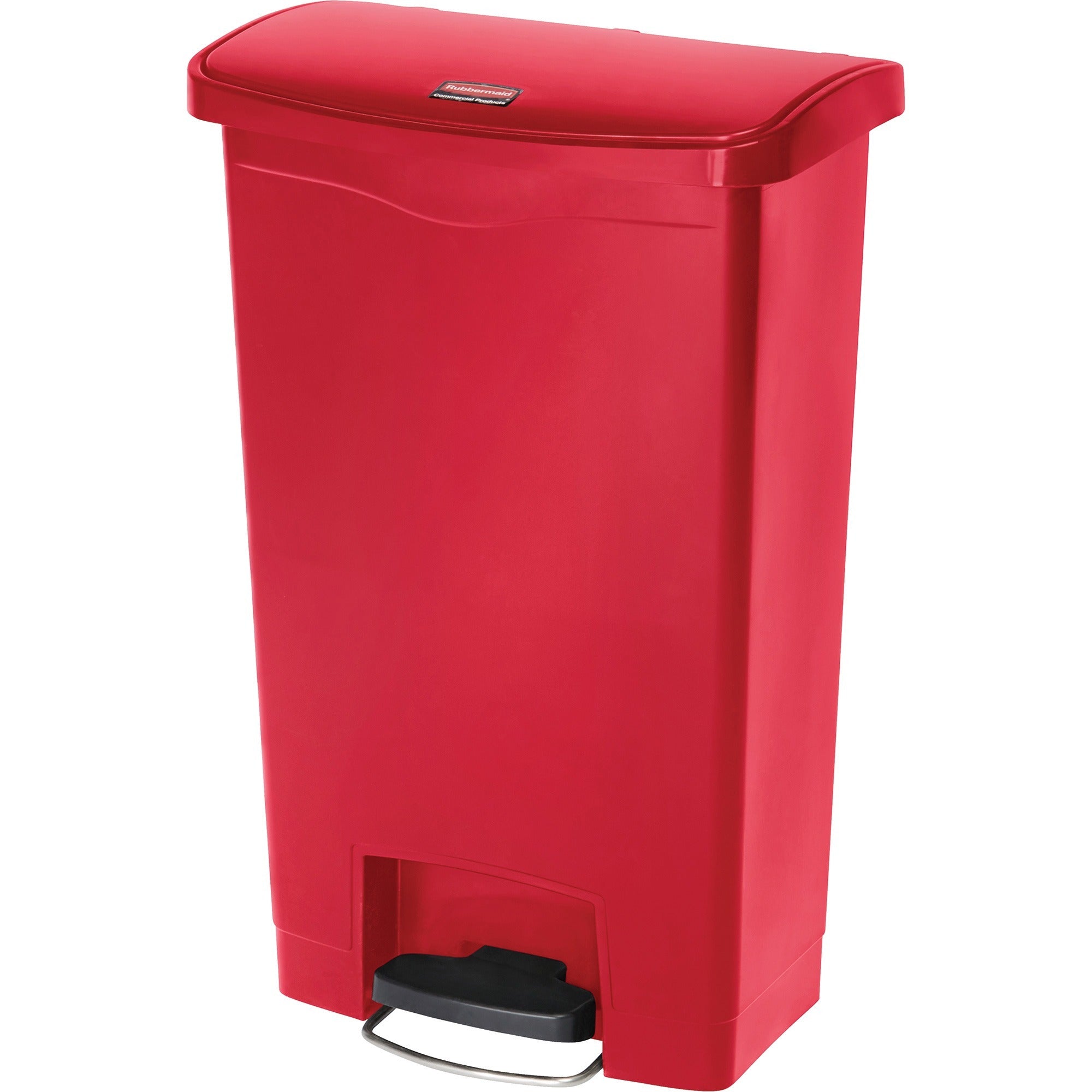 Rubbermaid Commercial Slim Jim Step-On Container, 13 Gallon, Red, Hinged Lid, Foot Pedal, Plastic/Resin, 28.3" H x 11.5" W, 1 Each