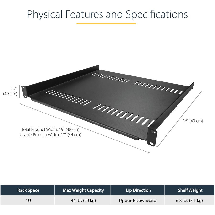 StarTech.com Vented 1U Rack Shelf - 16 in. Deep