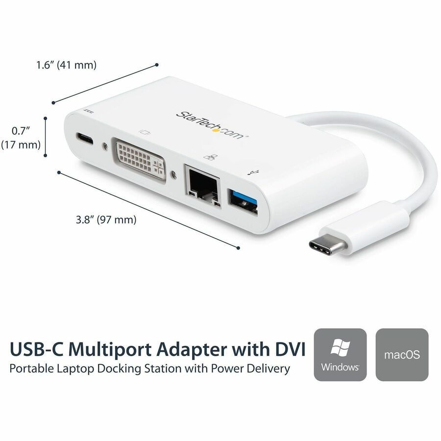 StarTech.com USB-C Multiport Adapter for Laptops - Power Delivery - DVI - GbE - USB 3.0