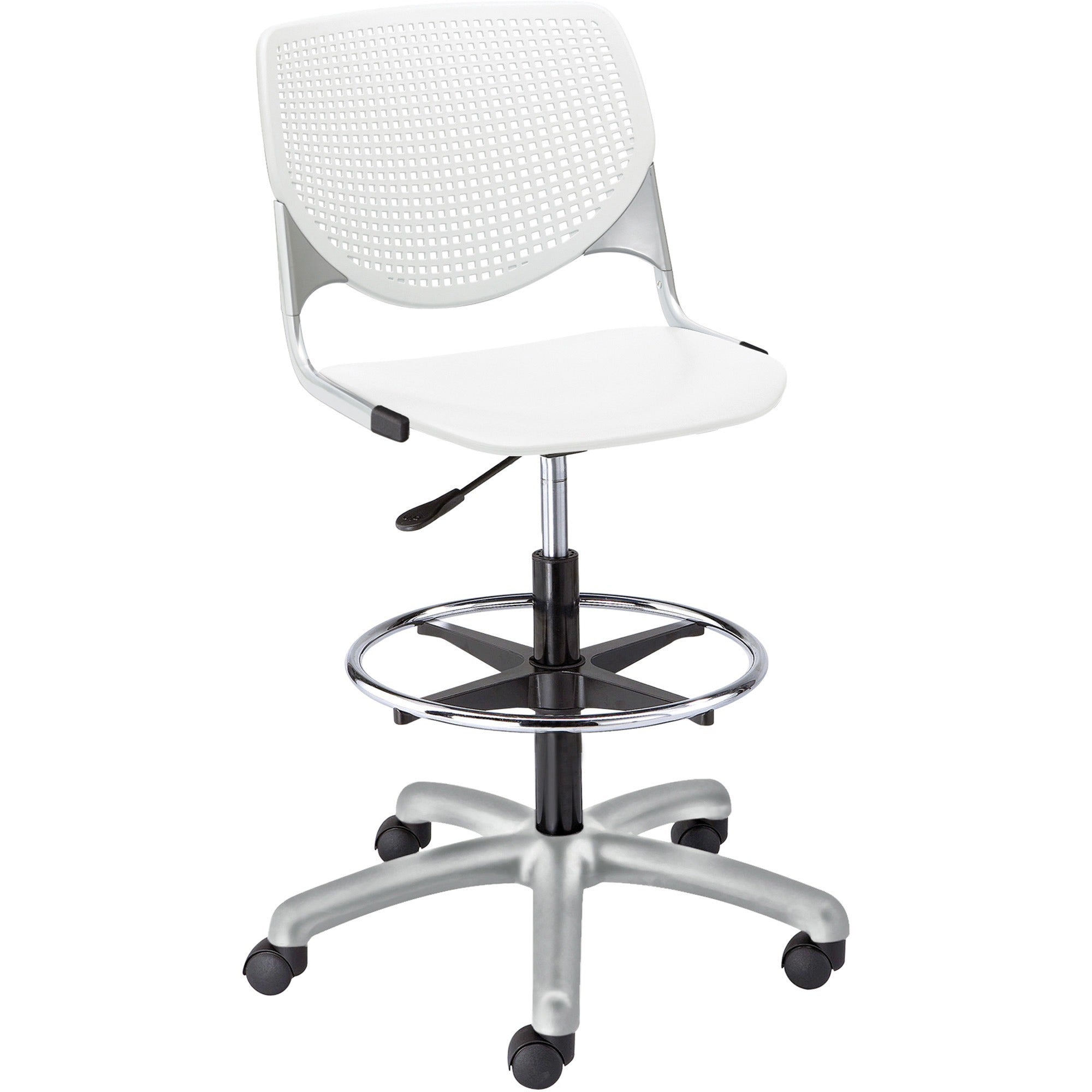 KFI Kool Collection 2300 Armless Stool with Casters, Polypropylene Seat and Back, Powder Coated Silver Steel Frame, 5-Star Base, White, 1 Each