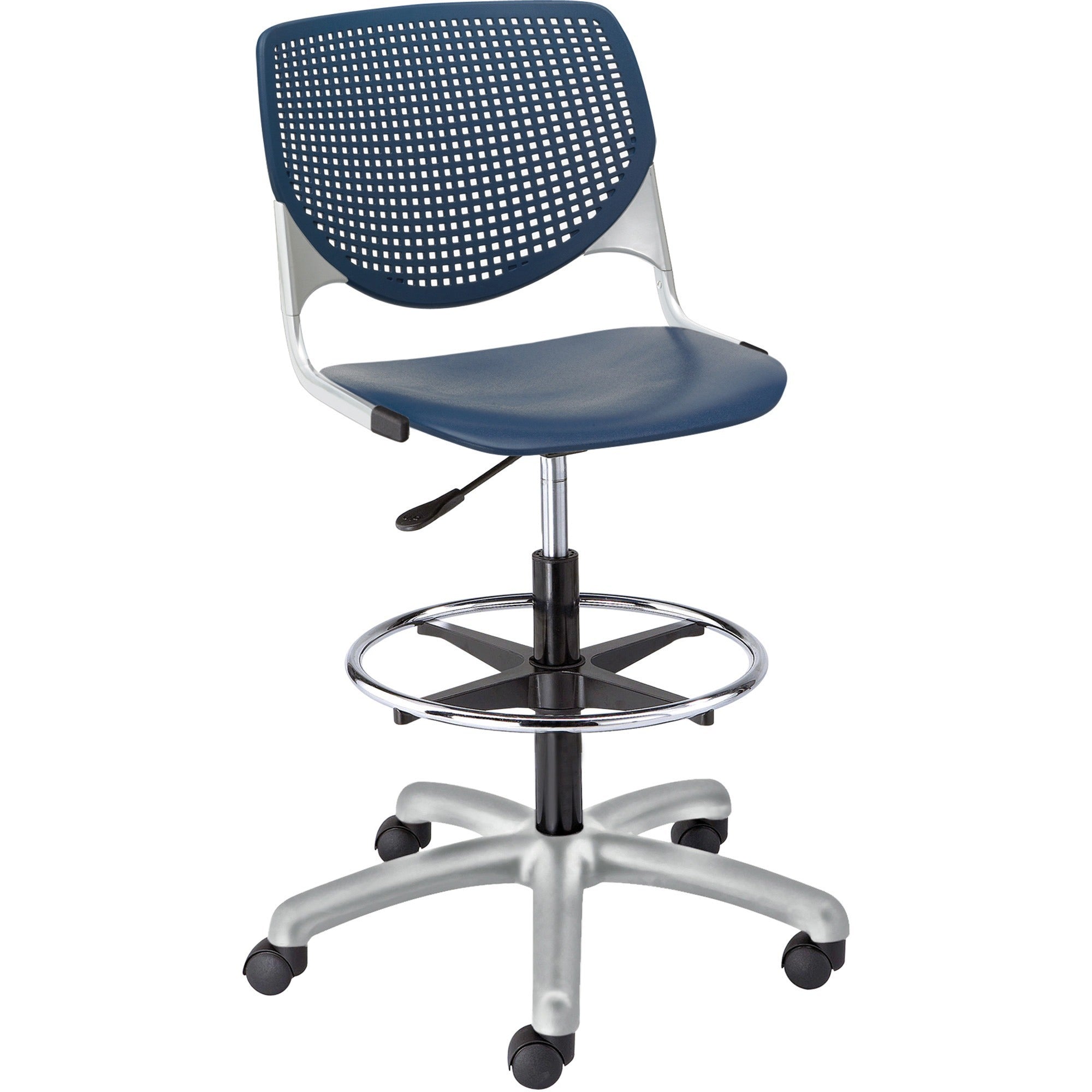 KFI Kool Collection 2300 Armless Stool with Casters, Polypropylene Seat and Back, Powder Coated Silver Steel Frame, Navy, 1 Each