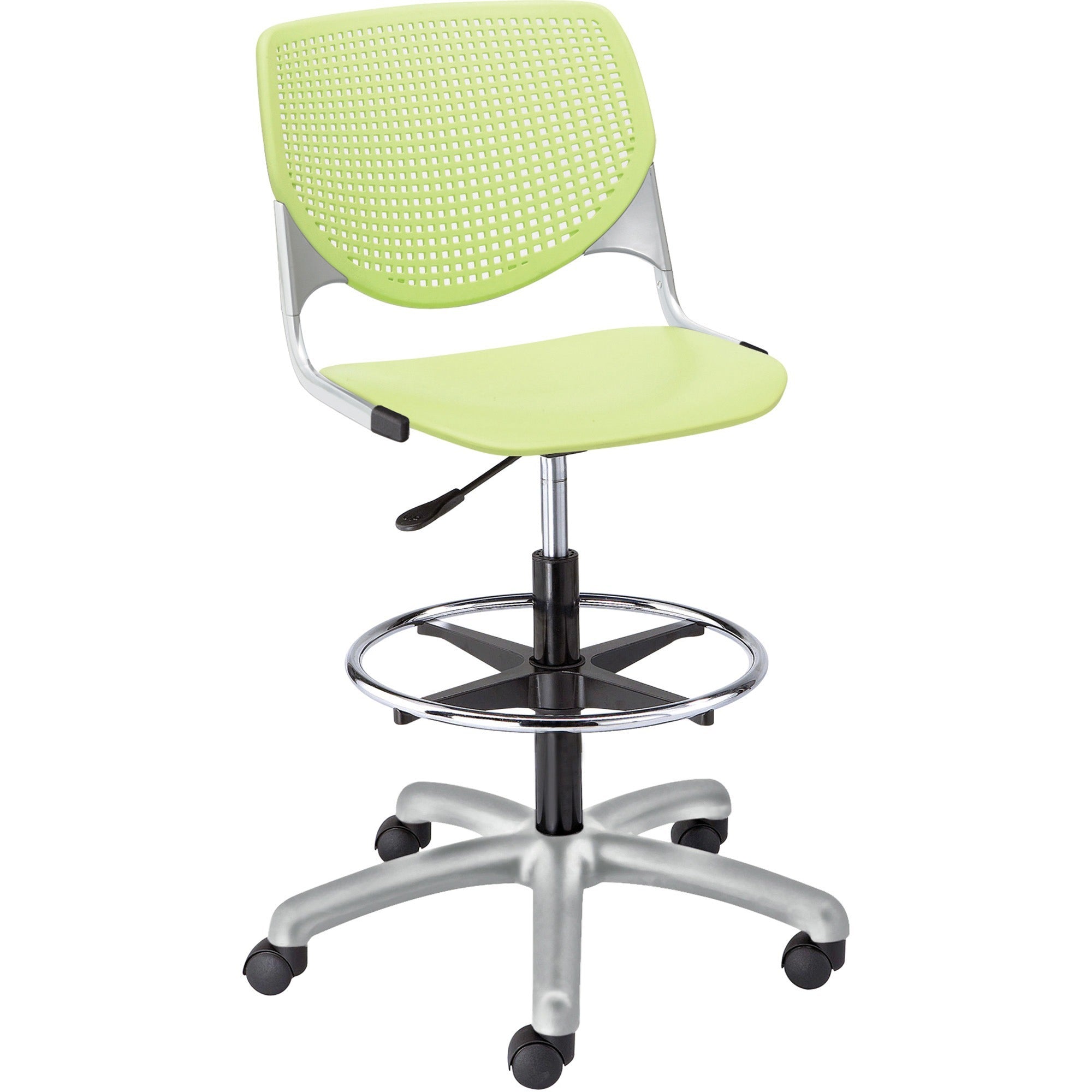 KFI Kool Collection 2300 Armless Stool with Casters, Polypropylene Seat and Back, Powder Coated Silver Steel Frame, 5-Star Base, Lime Green, 1 Each