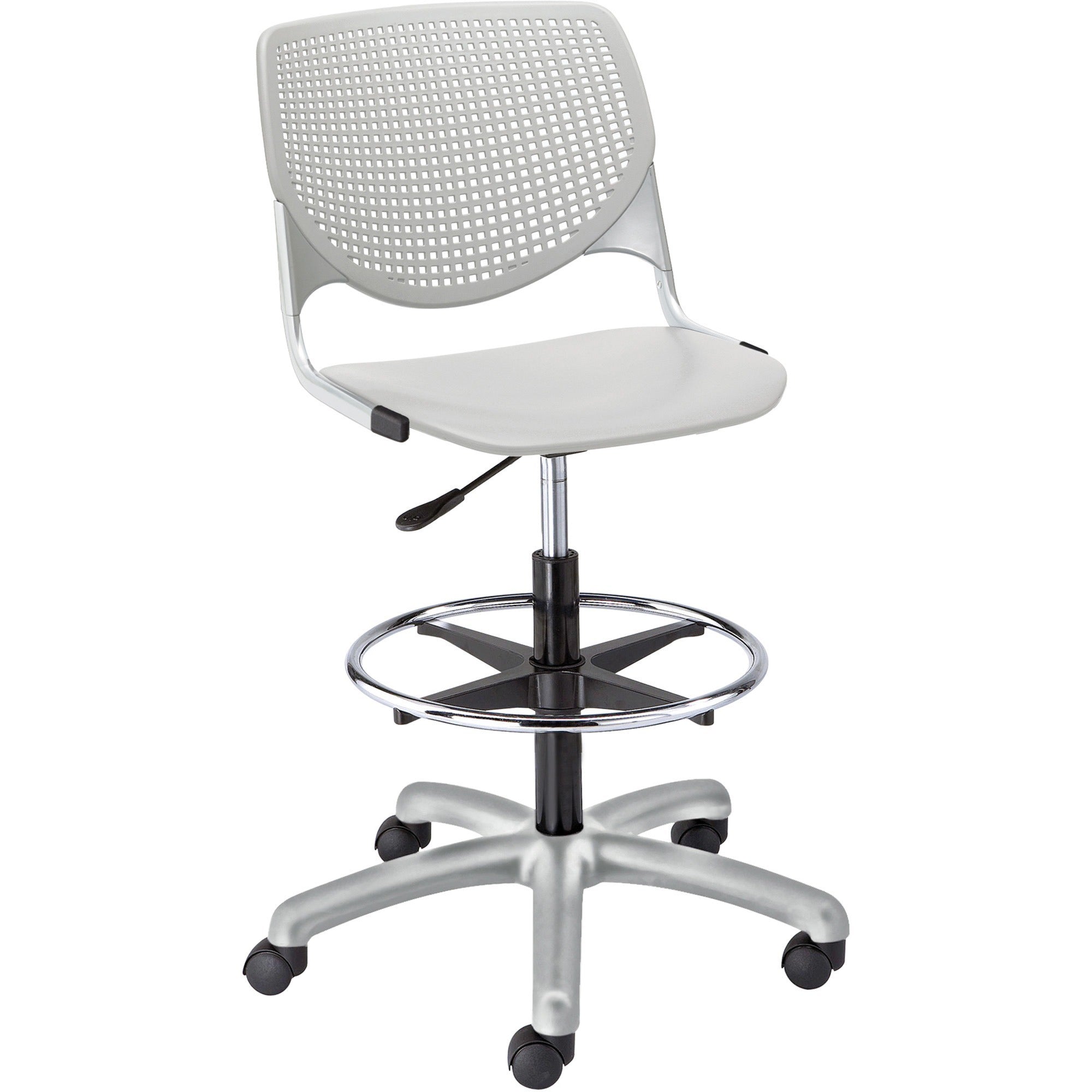KFI Kool Collection 2300 Armless Stool with Casters, Polypropylene Seat and Back, Powder Coated Silver Steel Frame, 5-Star Base, Light Gray, 1 Each