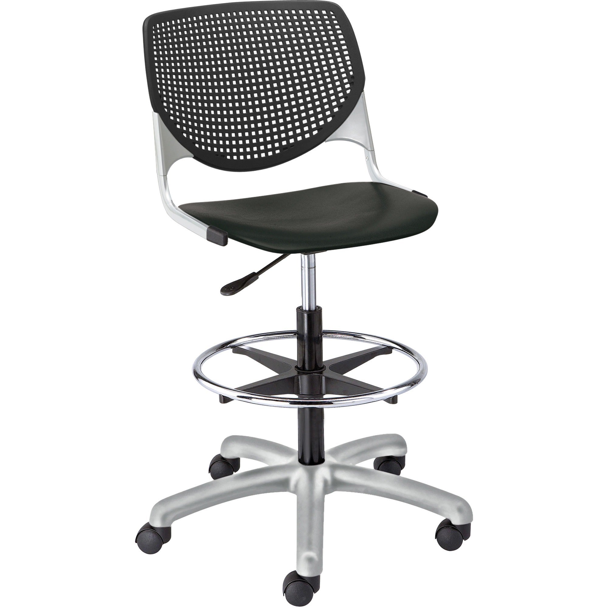 KFI Kool Armless Task Stool with Casters, Polypropylene Seat and Back, Powder Coated Silver Steel Frame, 5-Star Base, Black, 1 Each