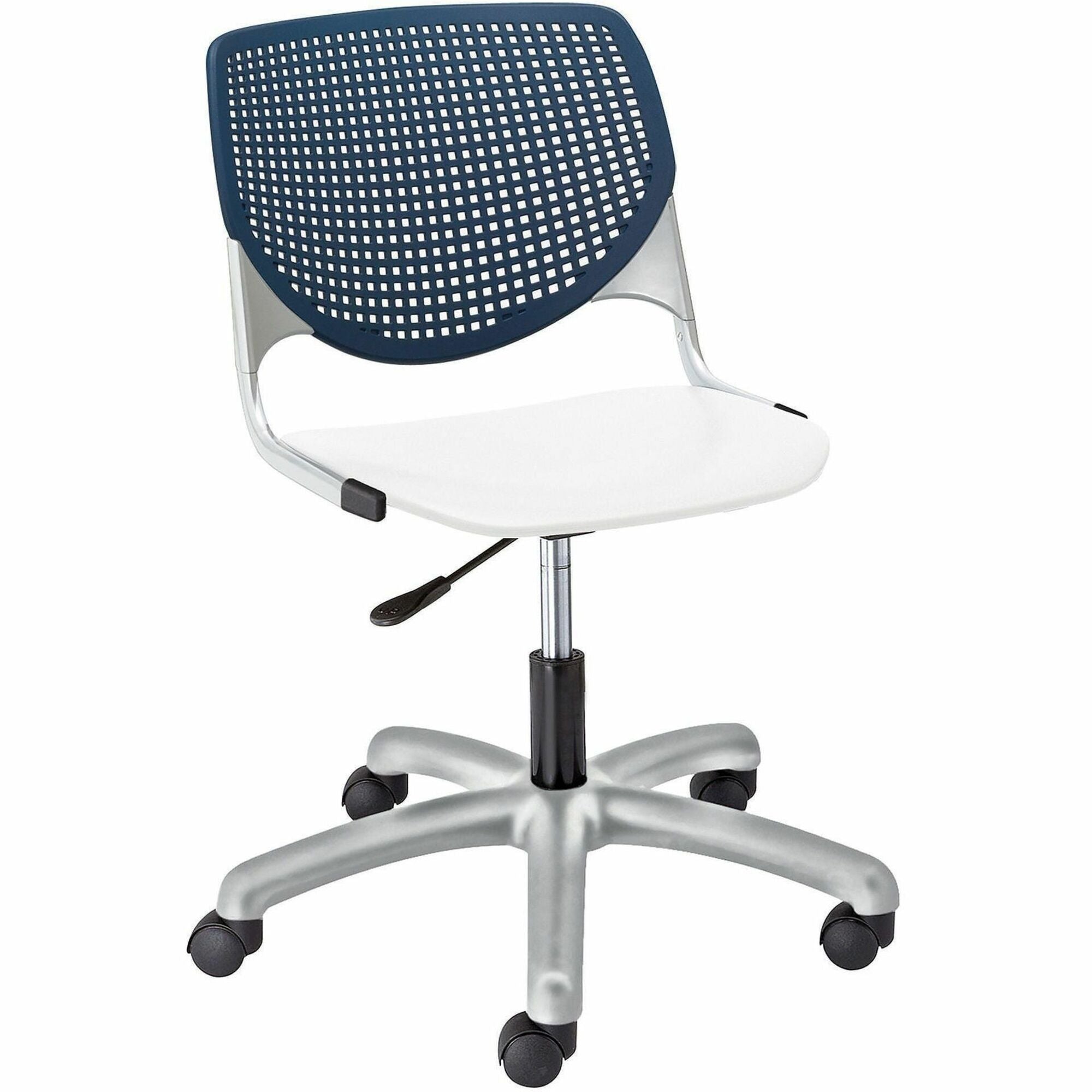 KFI Kool Collection 2300 Task Chair with Casters, White Polypropylene Seat, Navy Polypropylene Back, Powder Coated Silver Steel Frame, 5-Star Base, Adjustable Height, Ergonomic Design, 1 Each