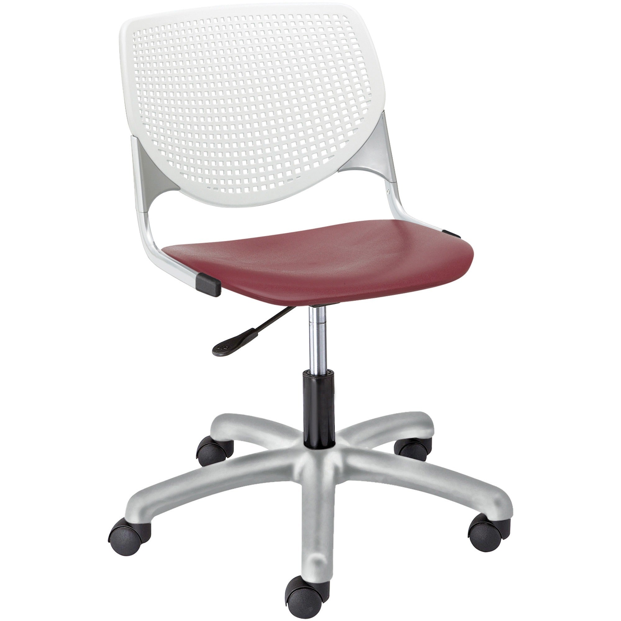 KFI Kool Collection 2300 Task Chair with Casters, Burgundy Polypropylene Seat, White Polypropylene Back, Powder Coated Silver Steel Frame, 5-Star Base, 1 Each