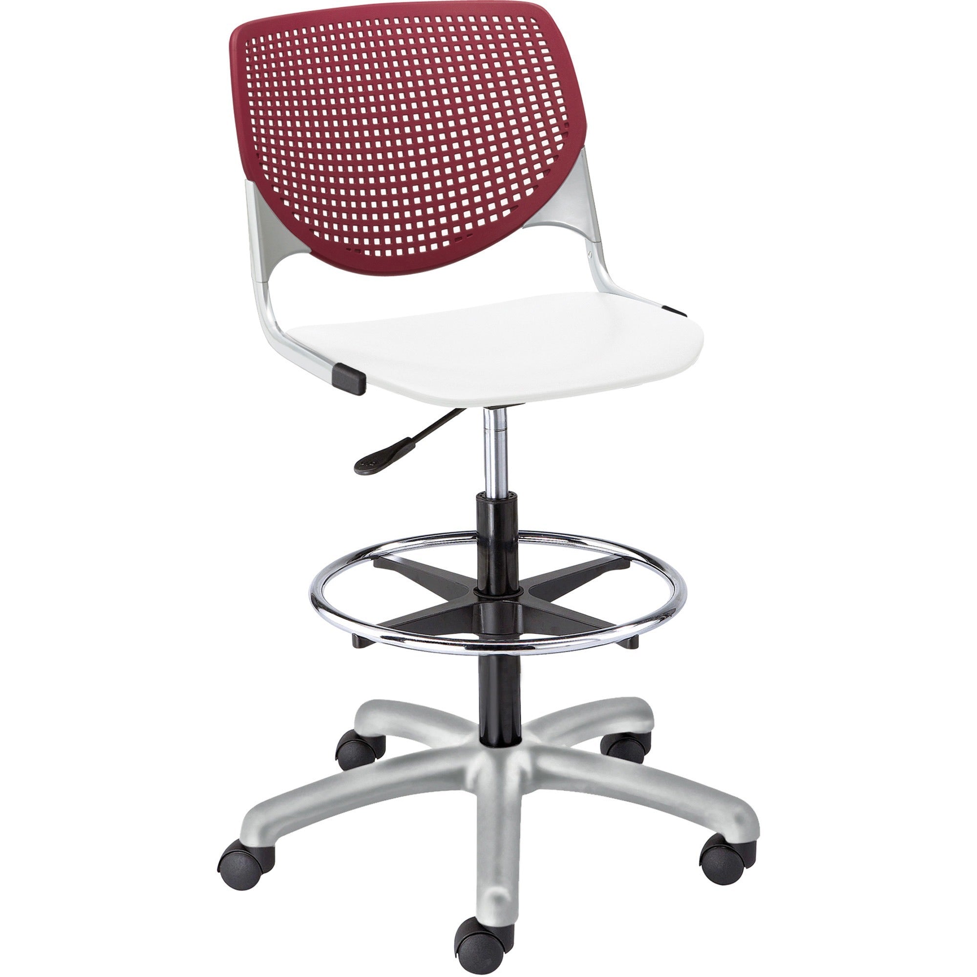 KFI Kool Collection 2300 Armless Stool with Casters, White Polypropylene Seat, Burgundy Polypropylene Back, Powder Coated Silver Steel Frame, Adjustable, 1 Each