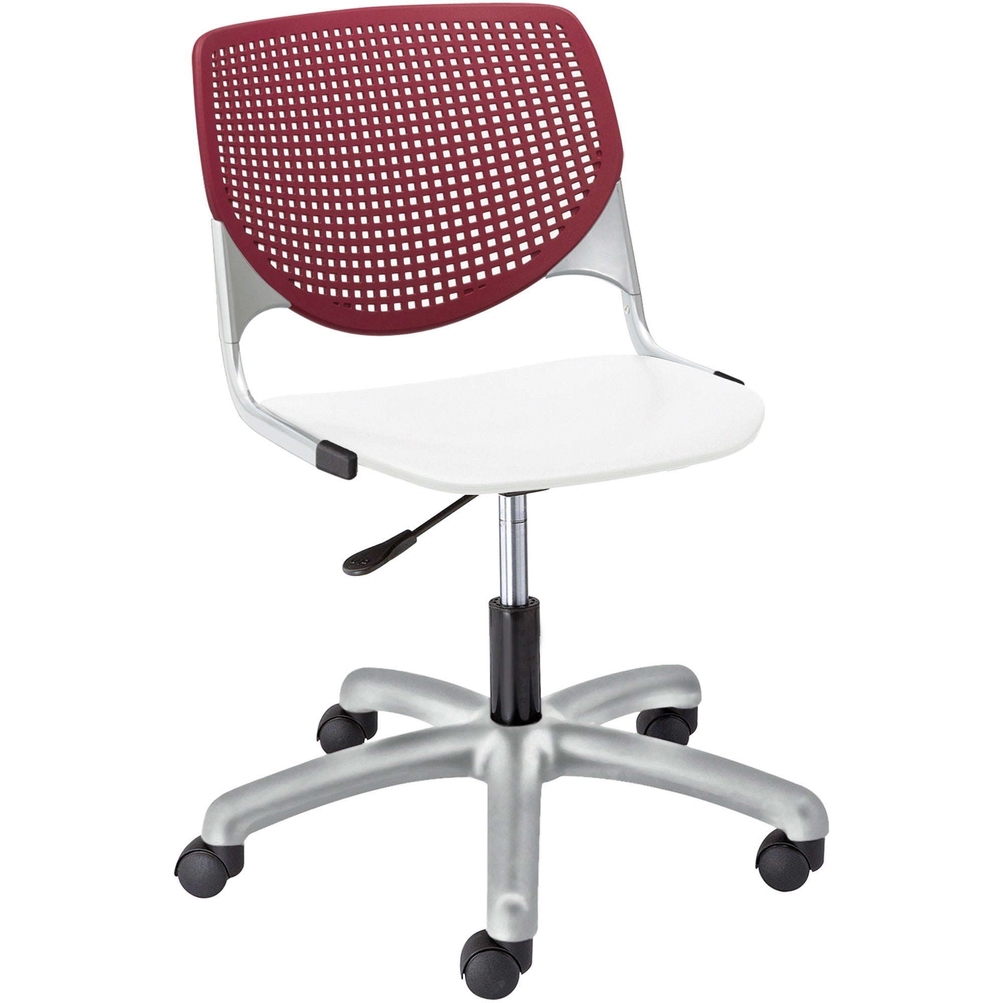 KFI Kool Armless Task Chair with Casters, White Polypropylene Seat, Burgundy Polypropylene Back, Powder Coated Silver Steel Frame, 5-Star Base, 1 Each