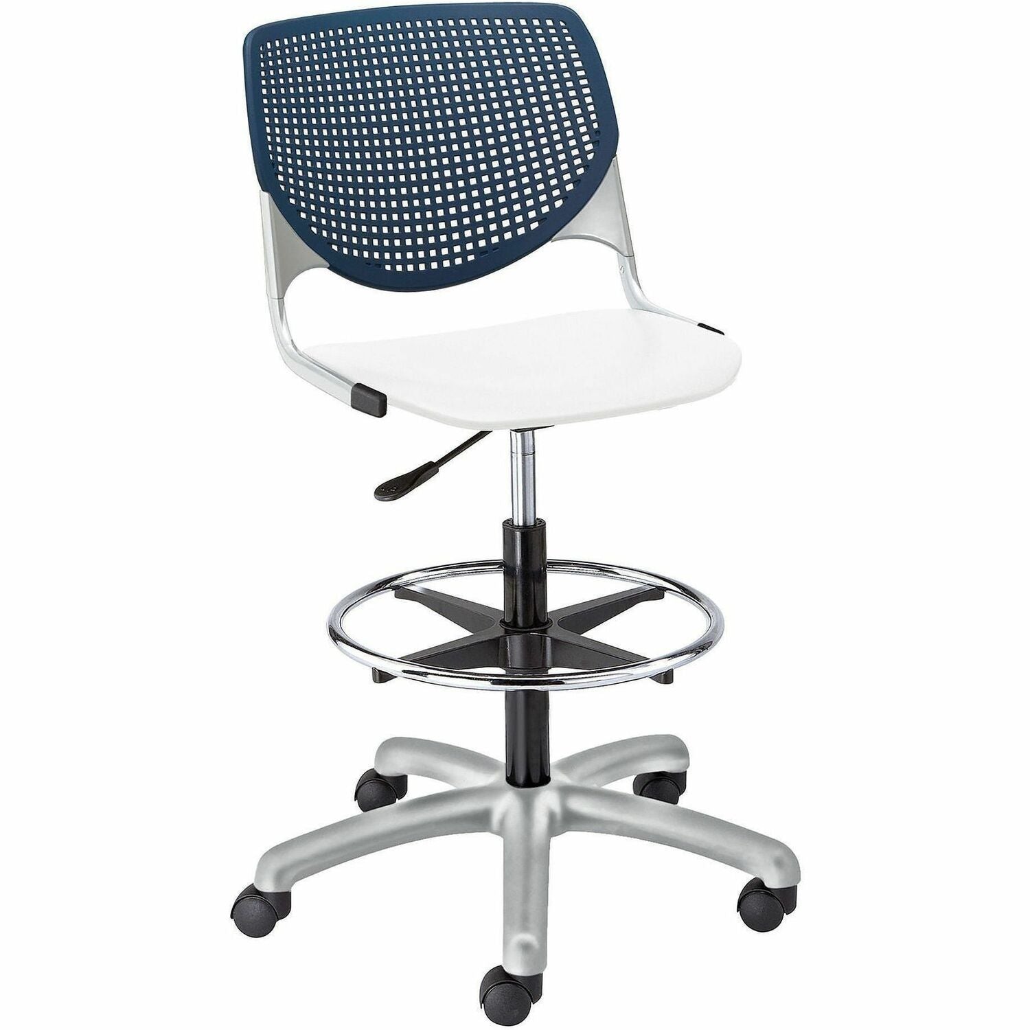 KFI Kool Collection 2300 Armless Stool with Casters, White Polypropylene Seat, Navy Polypropylene Back, Powder Coated Silver Steel Frame, Adjustable, 1 Each