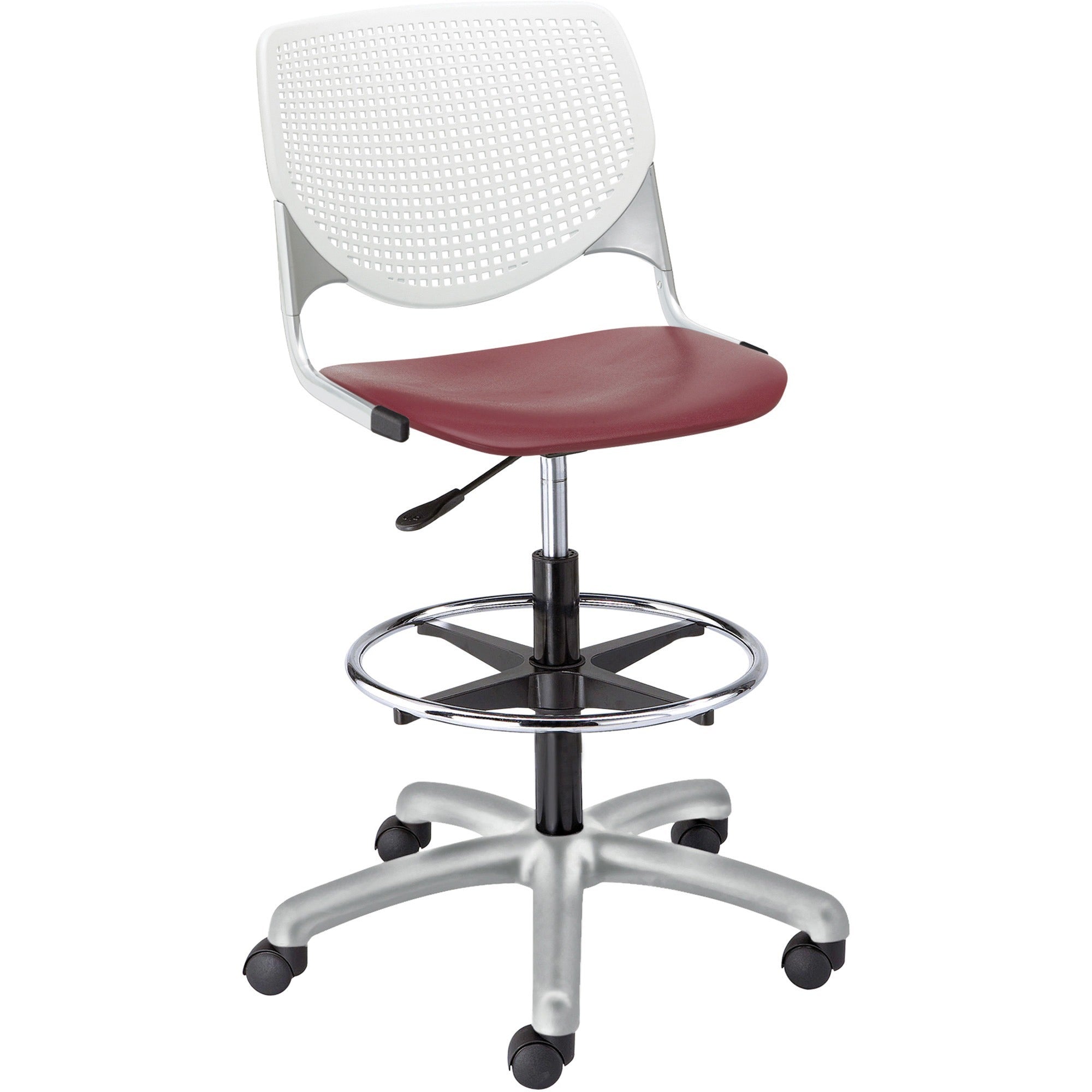 KFI Kool Armless Chair with Casters, Burgundy Polypropylene Seat, White Polypropylene Back, Powder Coated Silver Steel Frame, Adjustable Height, 1 Each
