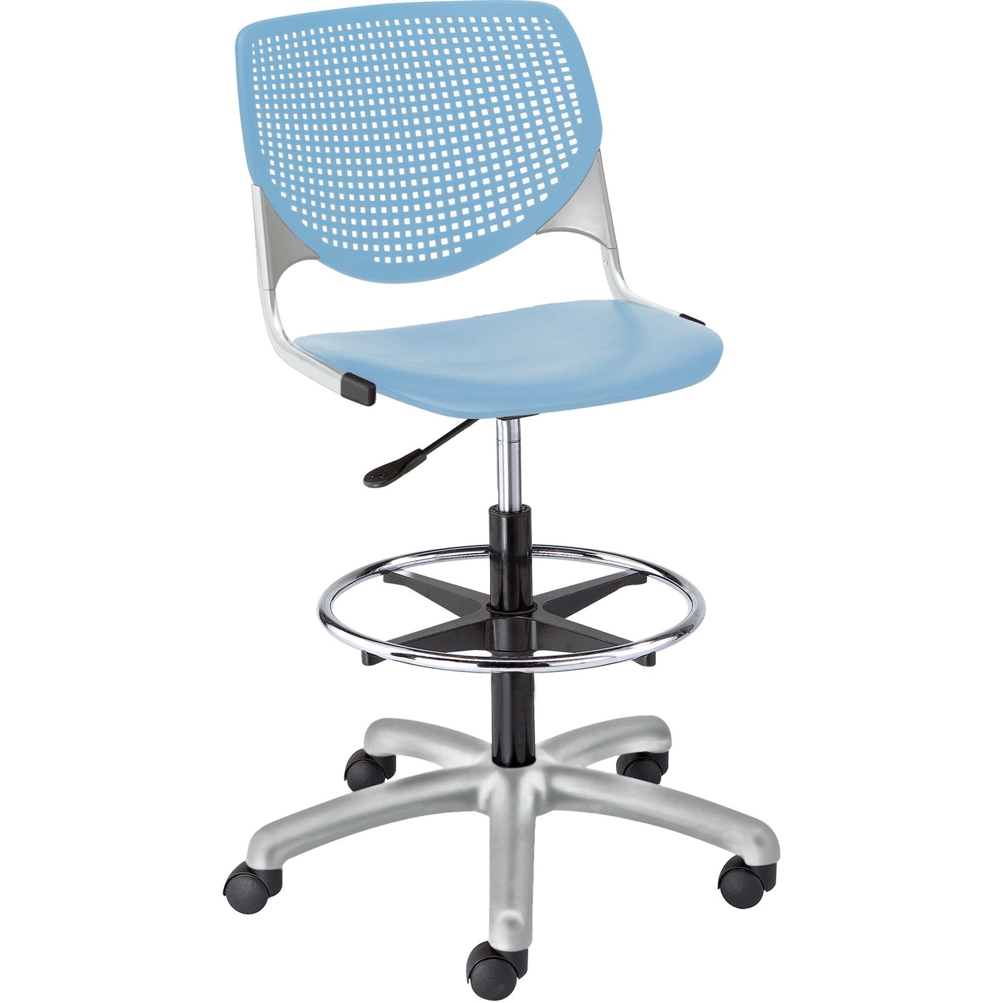 KFI Kool Collection 2300 Armless Stool with Casters, Polypropylene Seat and Back, Powder Coated Silver Steel Frame, 5-Star Base, Sky Blue, 1 Each
