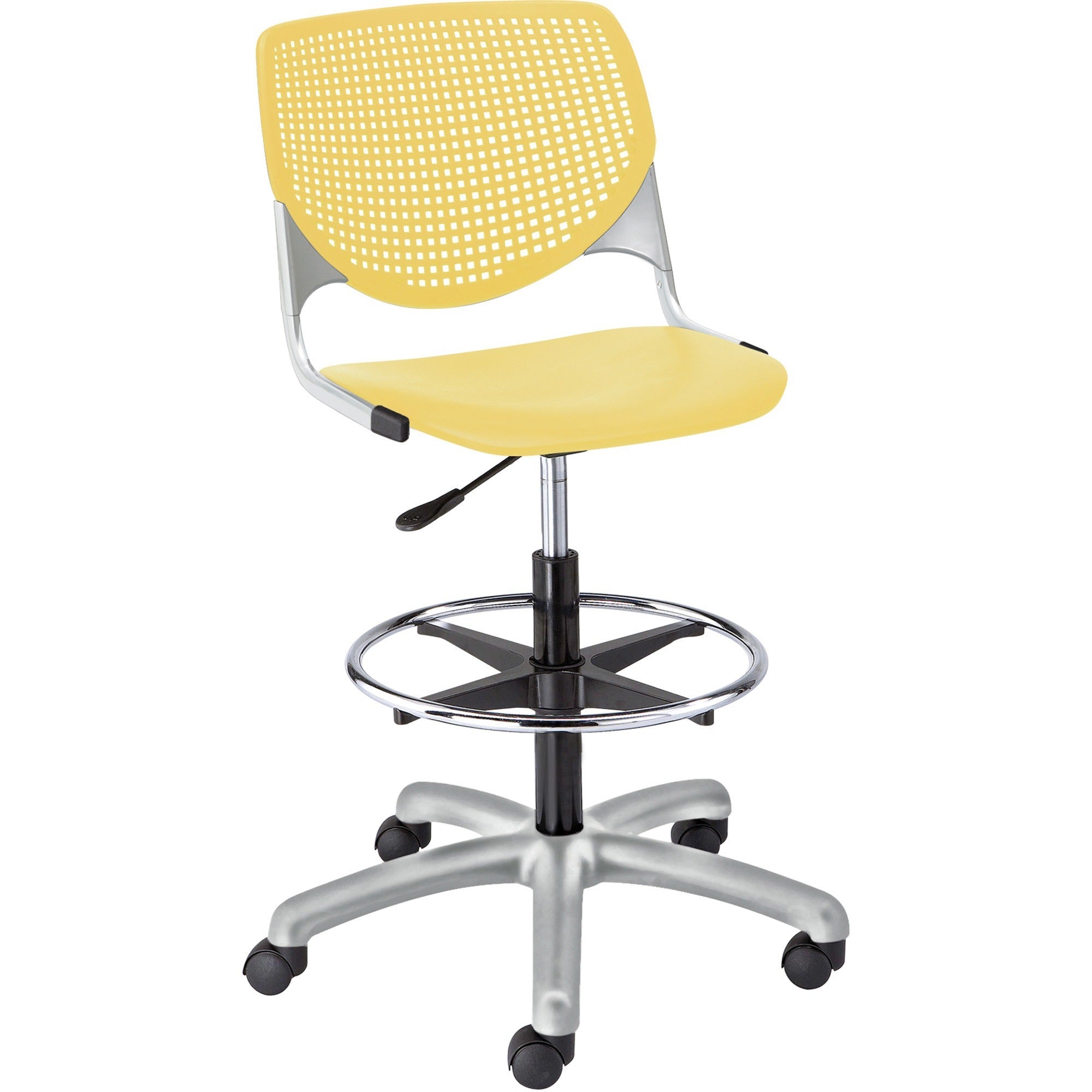 KFI Kool Armless Task Stool with Casters, Polypropylene Seat and Back, Powder Coated Silver Steel Frame, 5-Star Base, Yellow, 1 Each