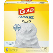 Glad ForceFlex Tall Kitchen Drawstring Trash Bags, 13 Gallon, 0.72 mil Thickness, White, Plastic, 120 Bags per Box