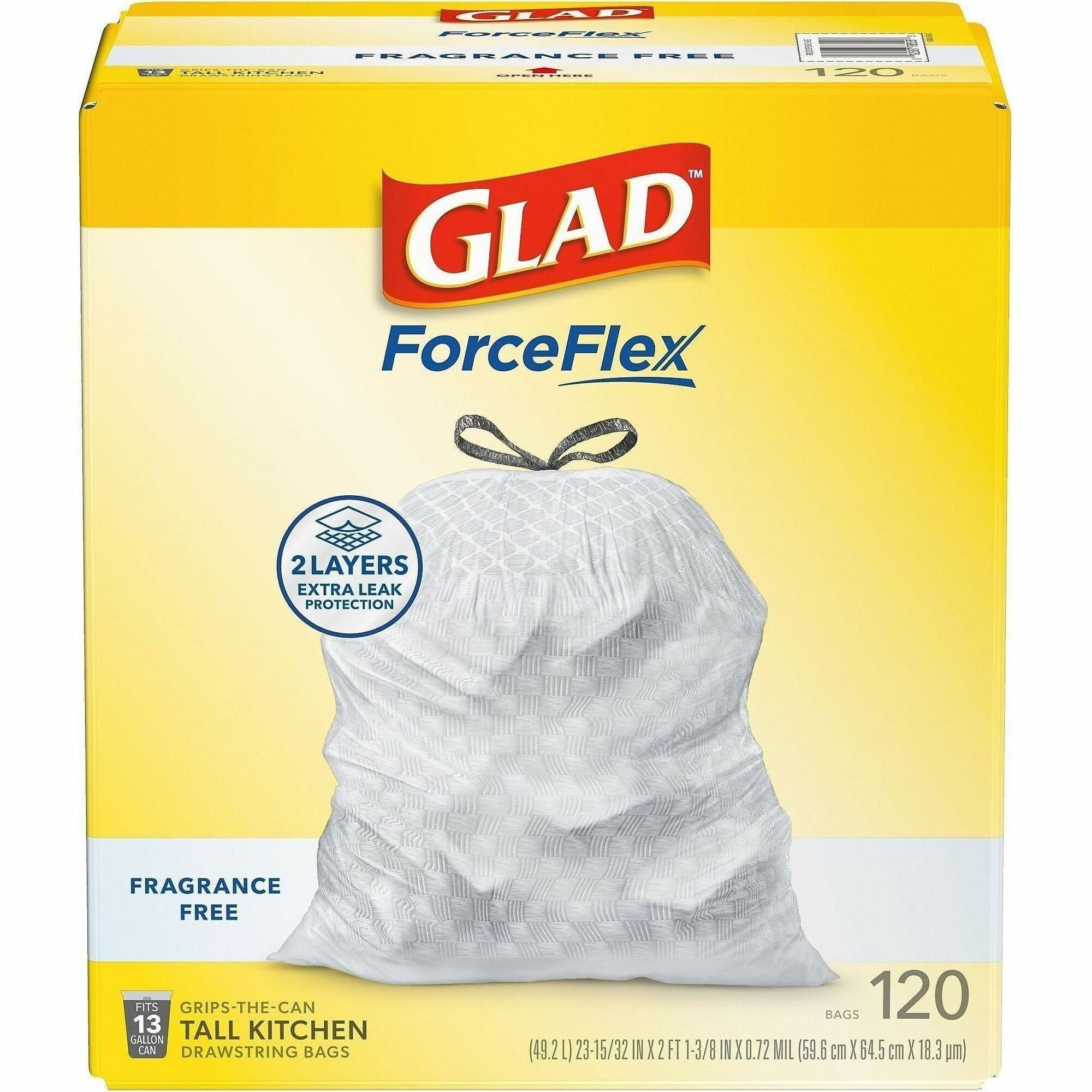 Glad ForceFlex Tall Kitchen Drawstring Trash Bags, 13 Gallon, 0.72 mil Thickness, White, Plastic, 120 Bags per Box