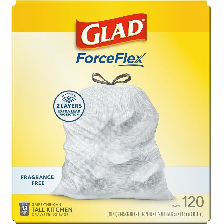 Glad ForceFlex Tall Kitchen Drawstring Trash Bags, 13 Gallon, 0.72 mil Thickness, White, Plastic, 120 Bags per Box