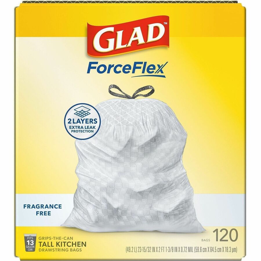Glad ForceFlex Tall Kitchen Drawstring Trash Bags, 13 Gallon, 0.72 mil Thickness, White, Plastic, 120 Bags per Box