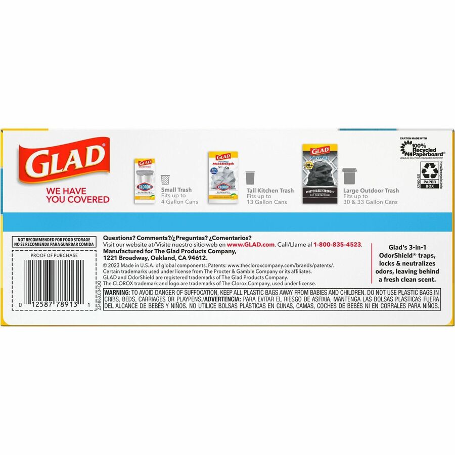 Glad ForceFlex MaxStrength X-Large Kitchen Drawstring Trash Bags, Fresh Clean with Febreze, 20 Gallon, Gray, 32.01" x 24.02", 30 Bags per Box