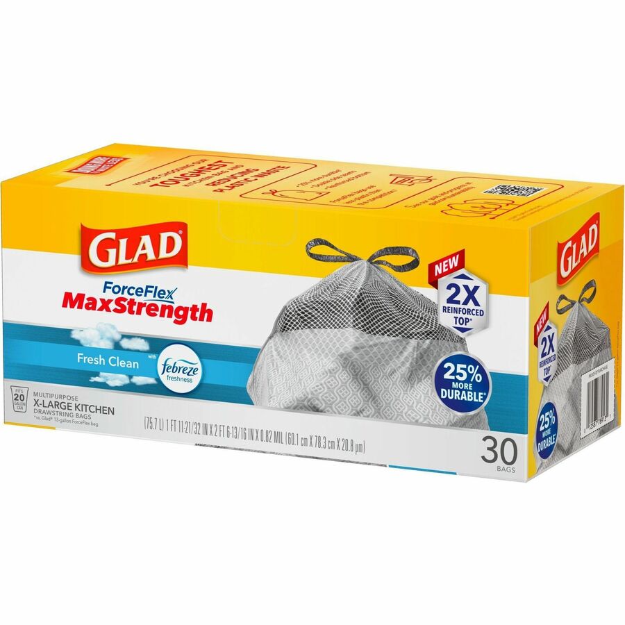 Glad ForceFlex MaxStrength X-Large Kitchen Drawstring Trash Bags, Fresh Clean with Febreze, 20 Gallon, Gray, 32.01" x 24.02", 30 Bags per Box