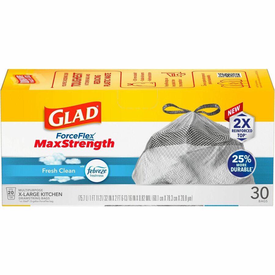 Glad ForceFlex MaxStrength X-Large Kitchen Drawstring Trash Bags, Fresh Clean with Febreze, 20 Gallon, Gray, 32.01" x 24.02", 30 Bags per Box