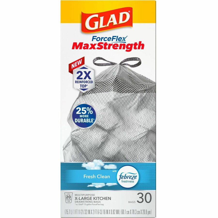 Glad ForceFlex MaxStrength X-Large Kitchen Drawstring Trash Bags, Fresh Clean with Febreze, 20 Gallon, Gray, 32.01" x 24.02", 30 Bags per Box