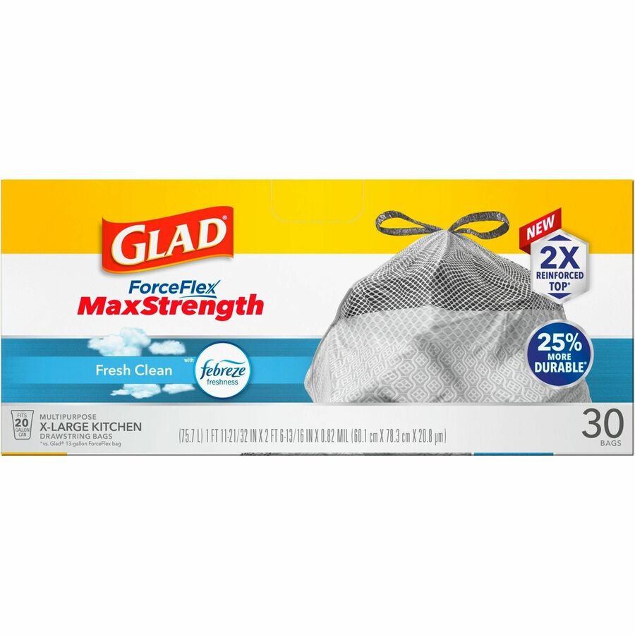 Glad ForceFlex MaxStrength X-Large Kitchen Drawstring Trash Bags, Fresh Clean with Febreze, 20 Gallon, Gray, 32.01" x 24.02", 30 Bags per Box