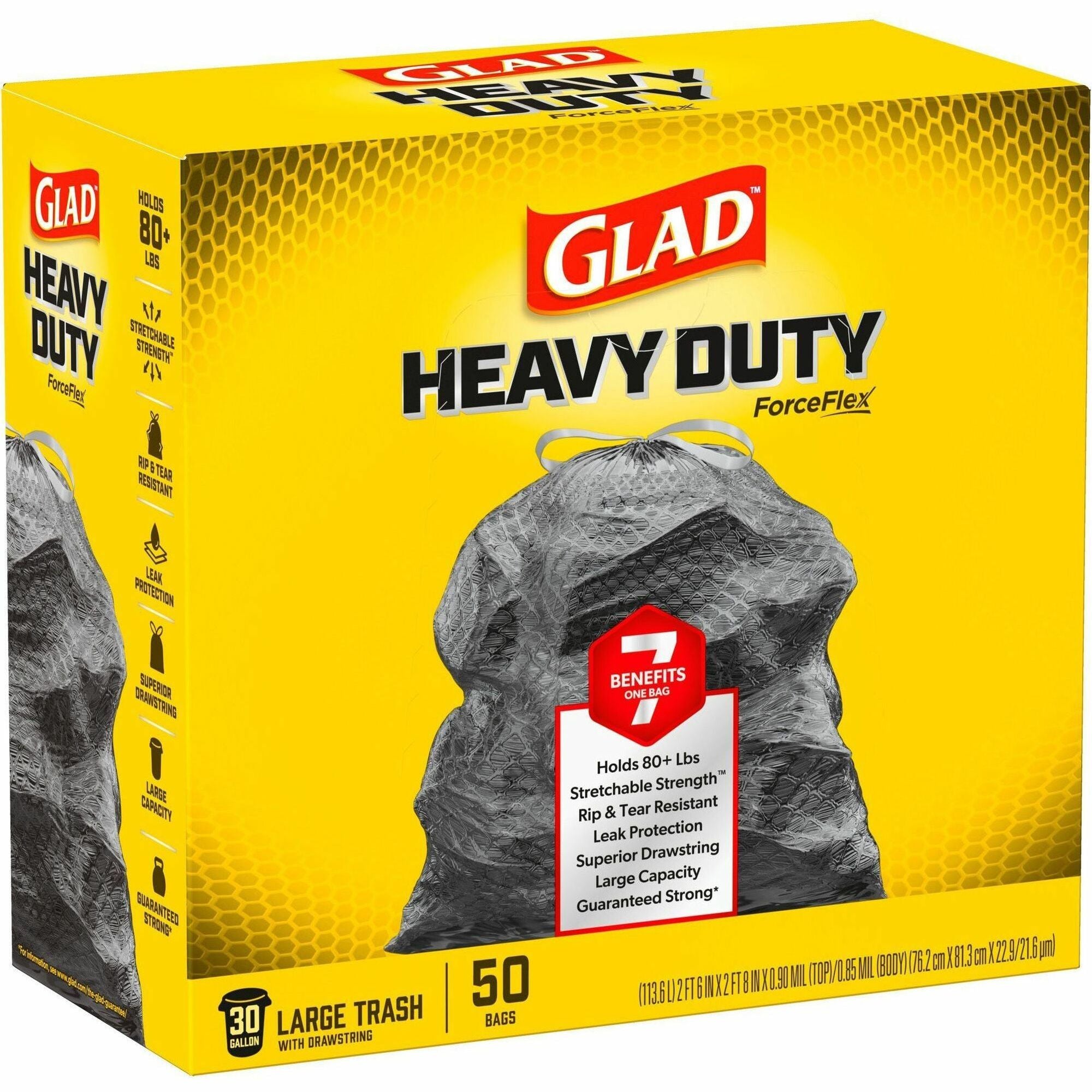 Glad ForceFlexPlus Drawstring Large Trash Bags, 30 Gallon, 32.01" x 30", 0.90 mil Thickness, Black, 1 Box