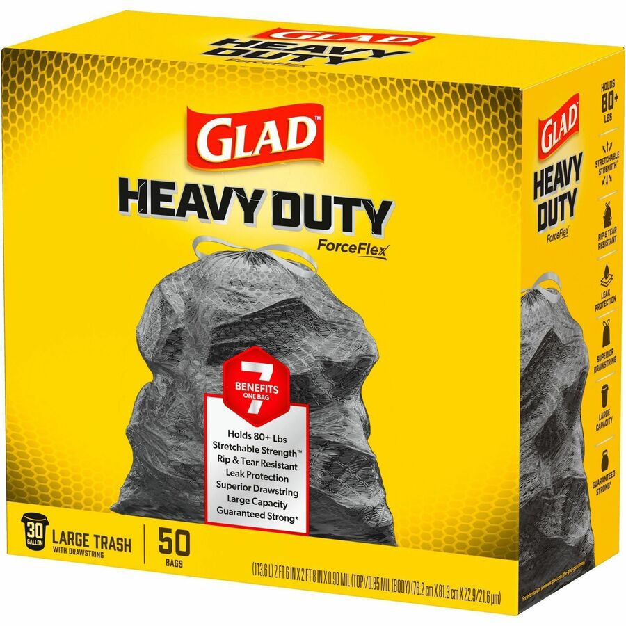 Glad ForceFlexPlus Drawstring Large Trash Bags, 30 Gallon, 32.01" x 30", 0.90 mil Thickness, Black, 1 Box