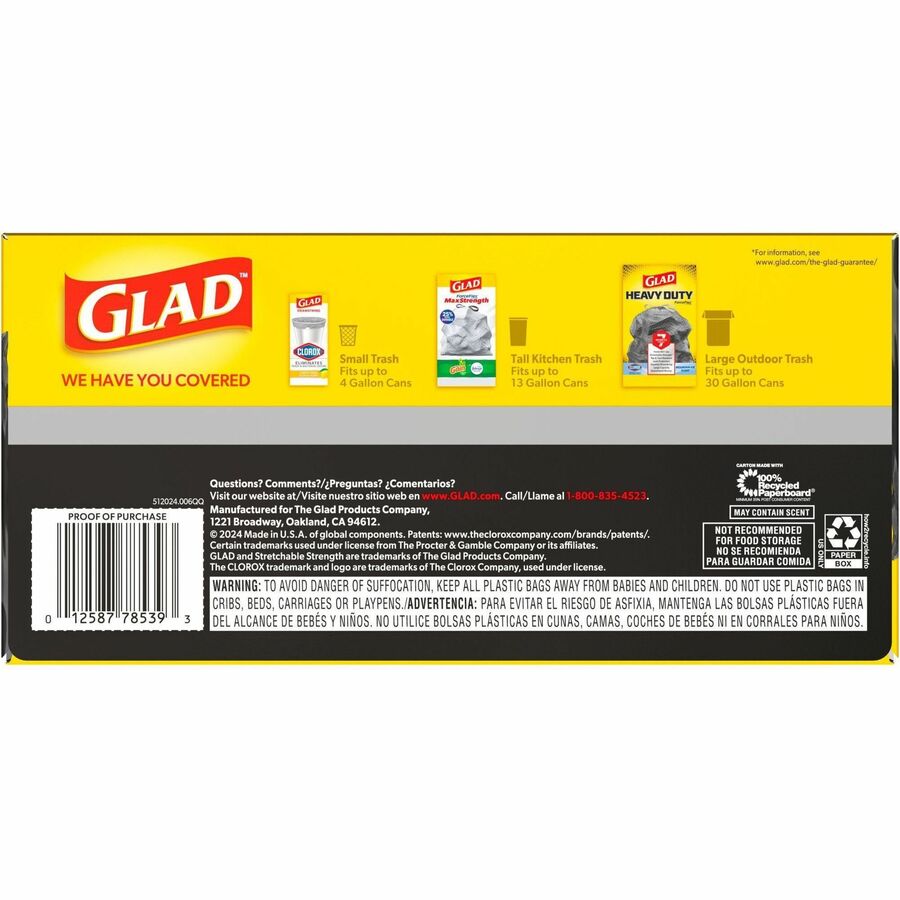 Glad ForceFlexPlus Drawstring Large Trash Bags, 30 Gallon, 32.01" x 30", 0.90 mil Thickness, Black, 1 Box
