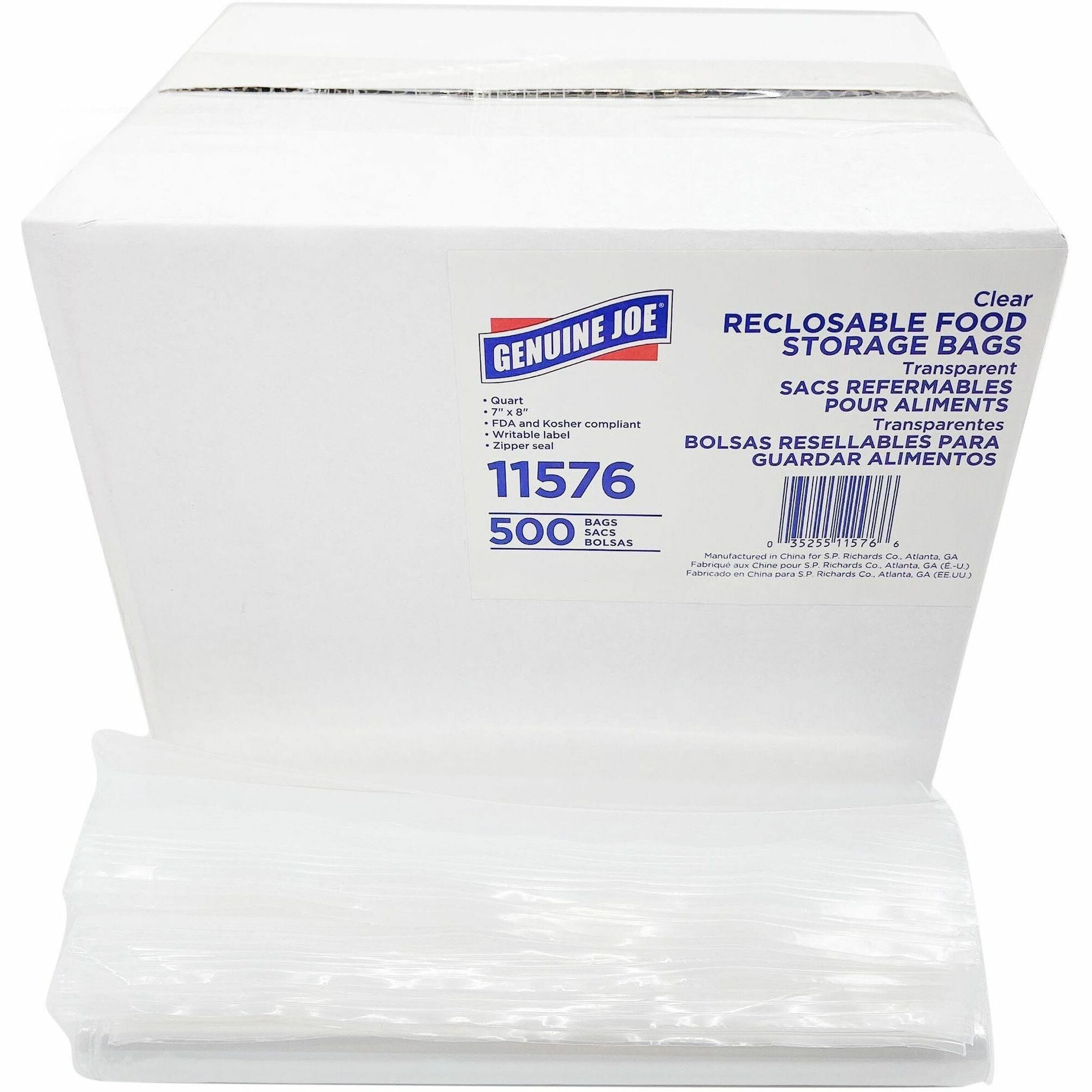 Genuine Joe Food Storage Bags, 1 Quart, 8" x 7", 1.75 mil Thickness, Zipper Closure, Clear, 500/Box