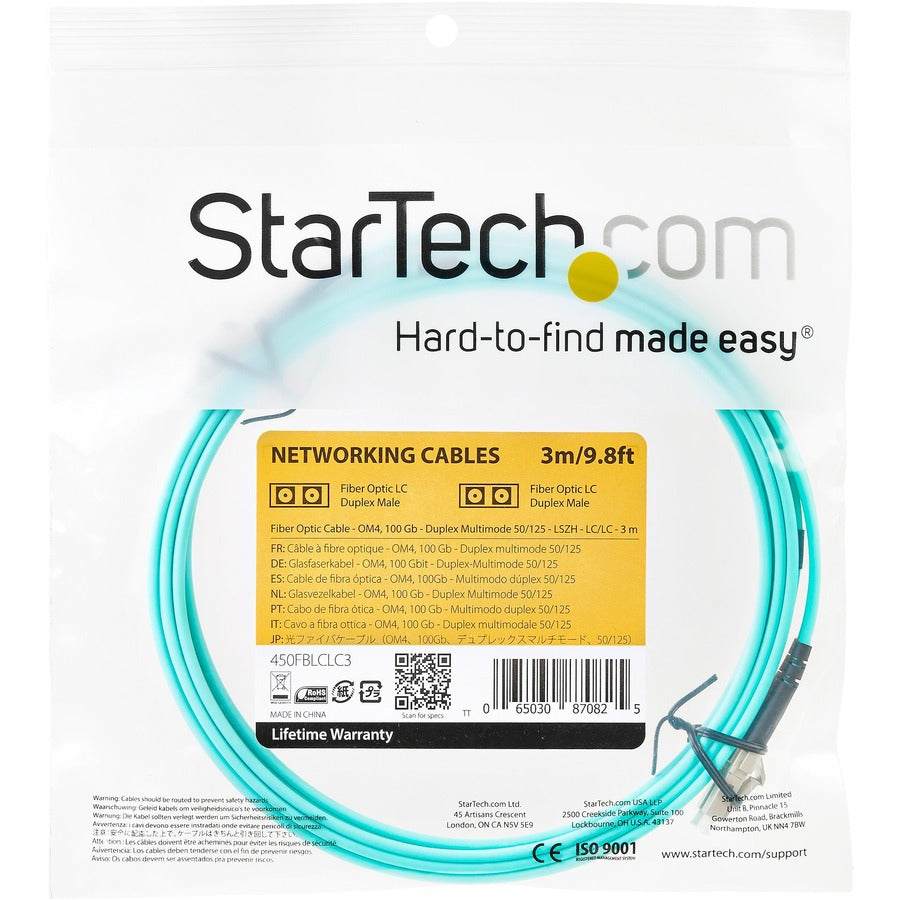 StarTech.com 9.84 ft Fiber Optic Duplex Patch Cable, LC to LC, Multi-mode 50/125µm, LSZH Jacket, Aqua, 100 Gbit/s, 1 Each