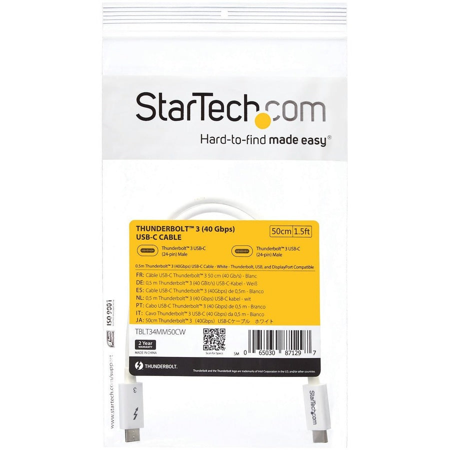 StarTech.com 1.64 ft USB 3.1 Type-C to Type-C Data Transfer Cable, 40 Gbit/s, Nickel Plated, White, 1 Each