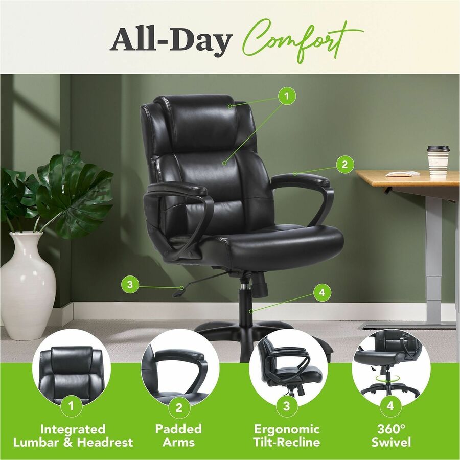 Black Seat Color - SofThread Leather Seat Material - Black Back Color - SofThread Leather Back Material - Mid Back - 5-star Base - 1 Each