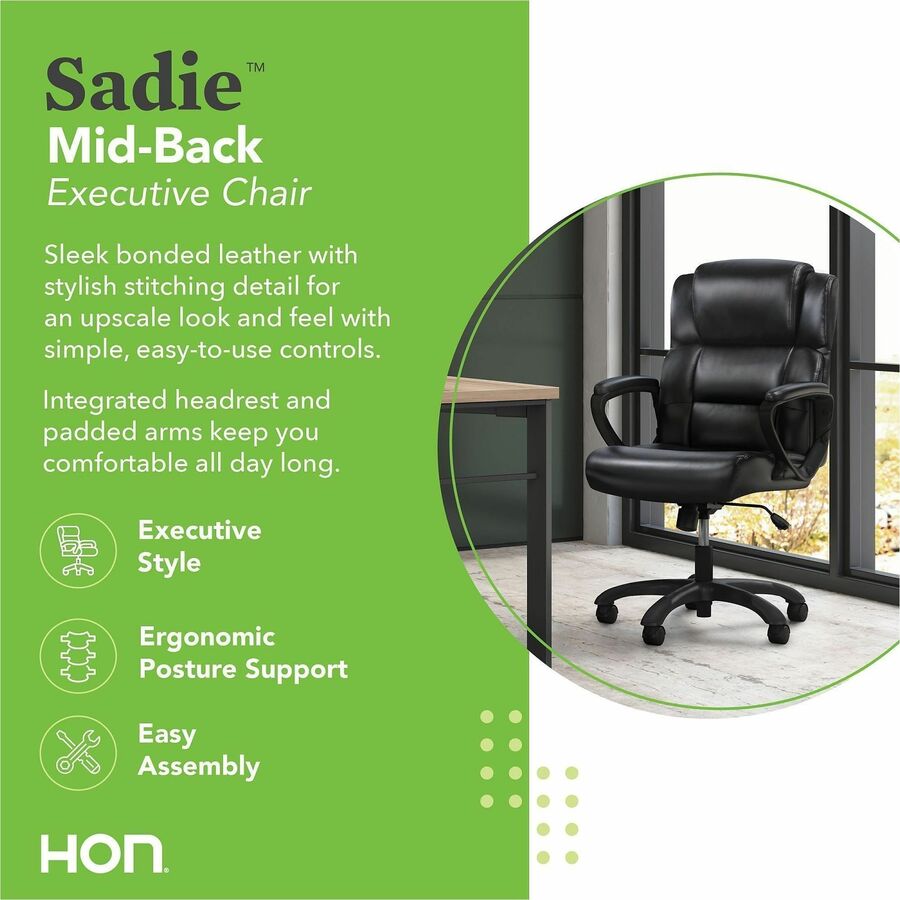 Black Seat Color - SofThread Leather Seat Material - Black Back Color - SofThread Leather Back Material - Mid Back - 5-star Base - 1 Each