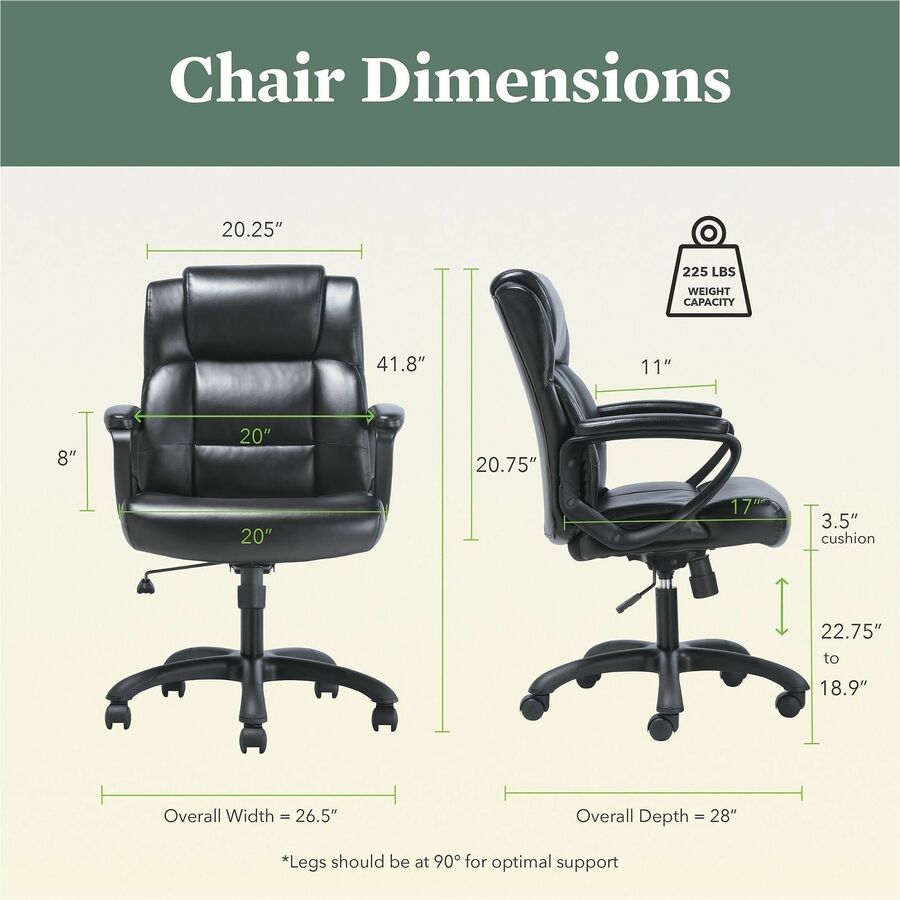 Black Seat Color - SofThread Leather Seat Material - Black Back Color - SofThread Leather Back Material - Mid Back - 5-star Base - 1 Each
