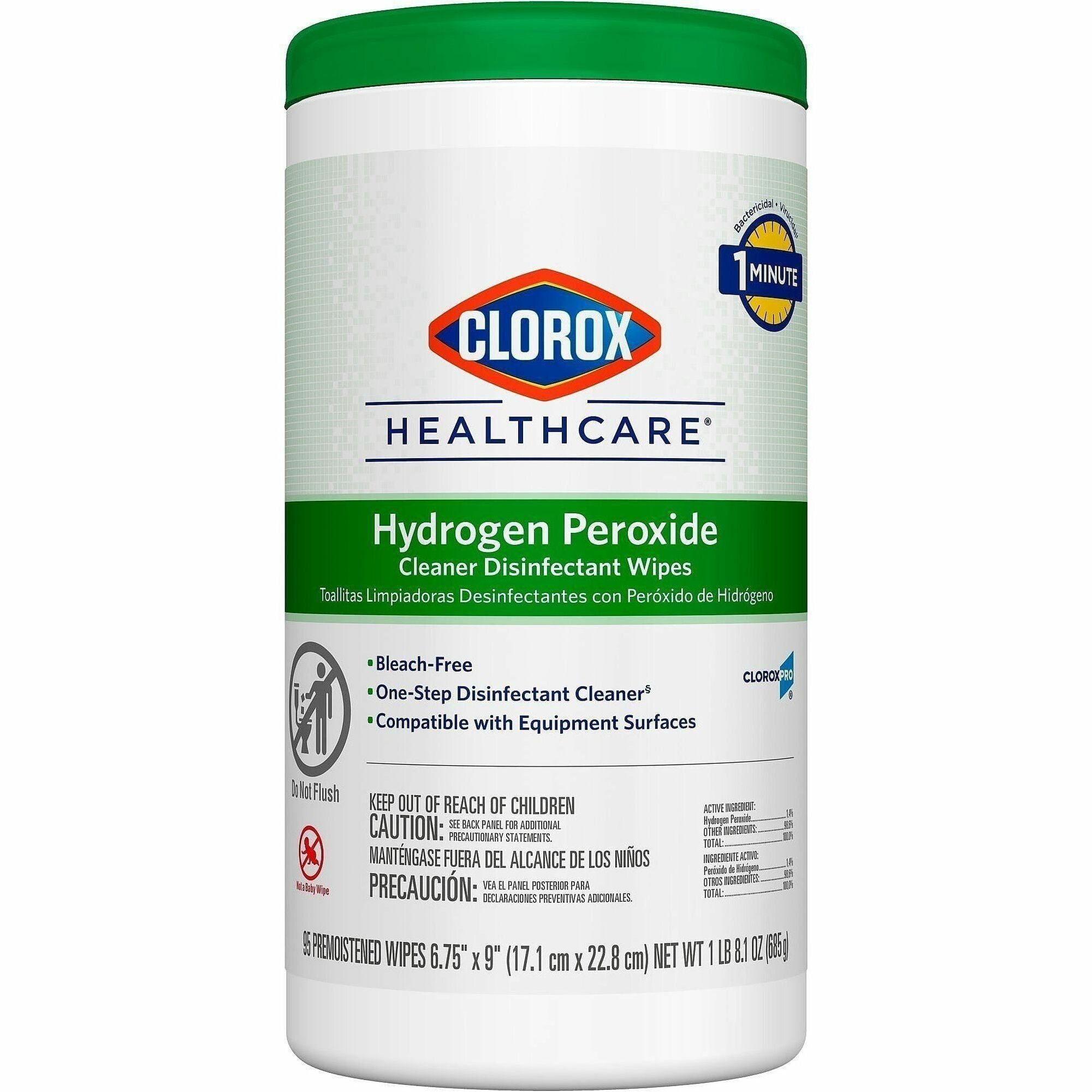Clorox Healthcare Hydrogen Peroxide Cleaner Disinfectant Wipes, 9" x 6.75", White, Pre-moistened, Anti-bacterial, 95 Wipes per Tub, 1 Tub