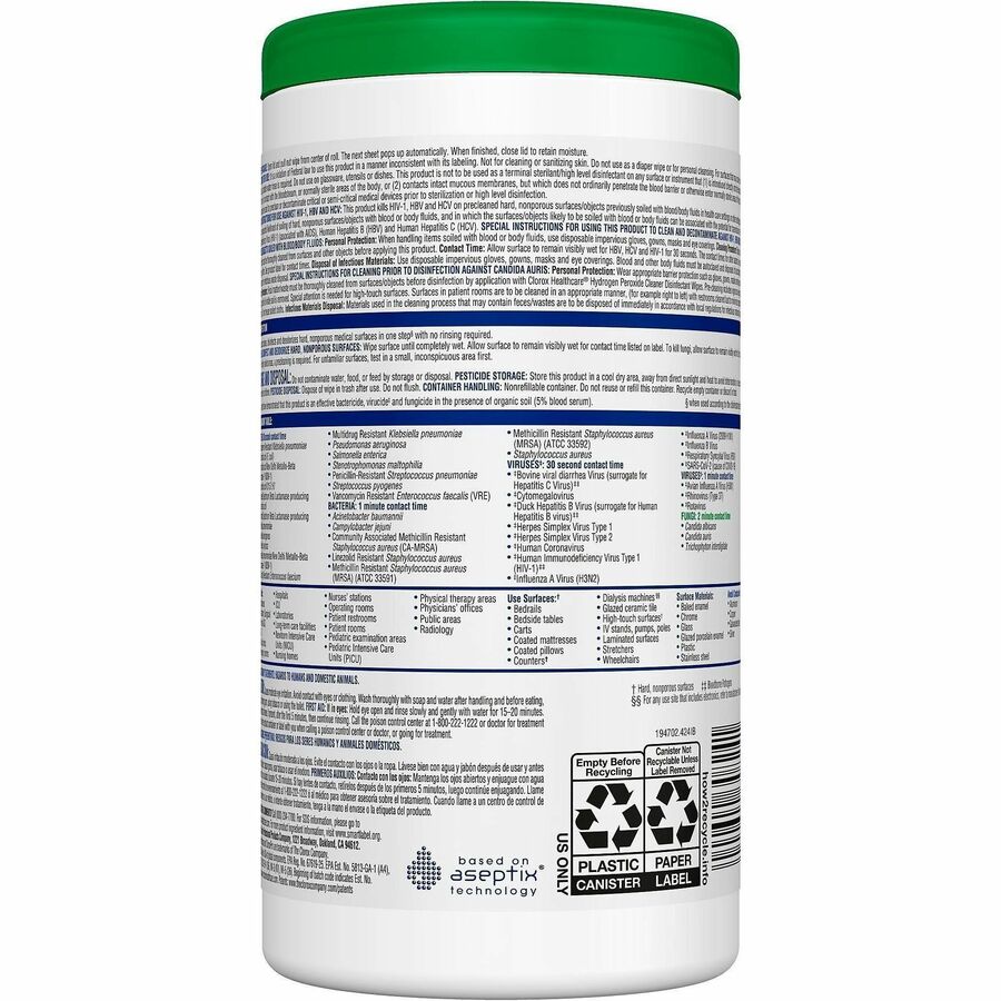 Clorox Healthcare Hydrogen Peroxide Cleaner Disinfectant Wipes, 9" x 6.75", White, Pre-moistened, Anti-bacterial, 95 Wipes per Tub, 1 Tub