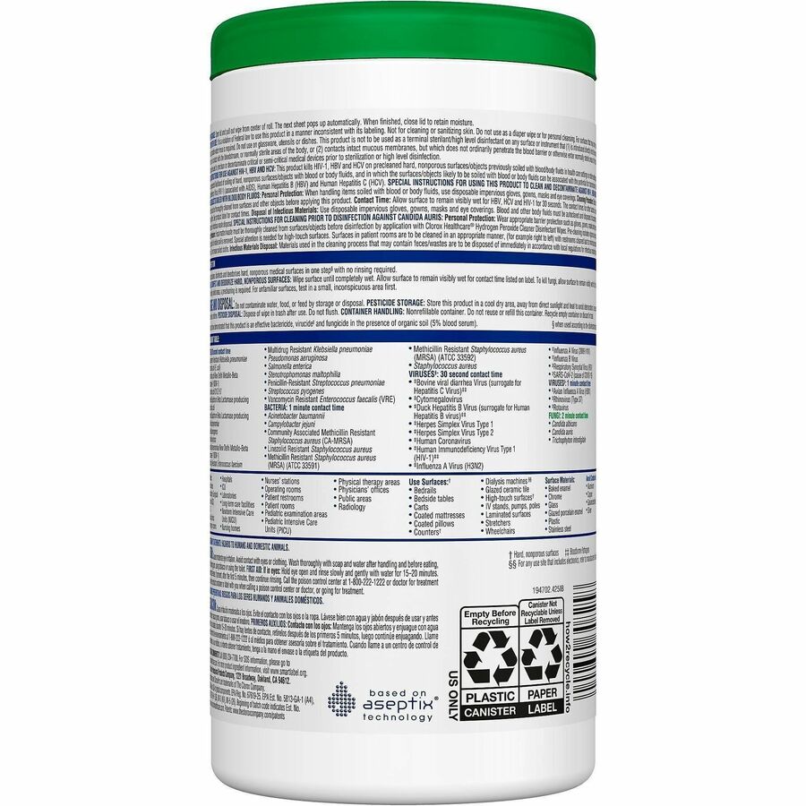 Clorox Healthcare Hydrogen Peroxide Cleaner Disinfectant Wipes, 155 Wipes per Tub, 5.75" x 6.75", White, 1 Tub