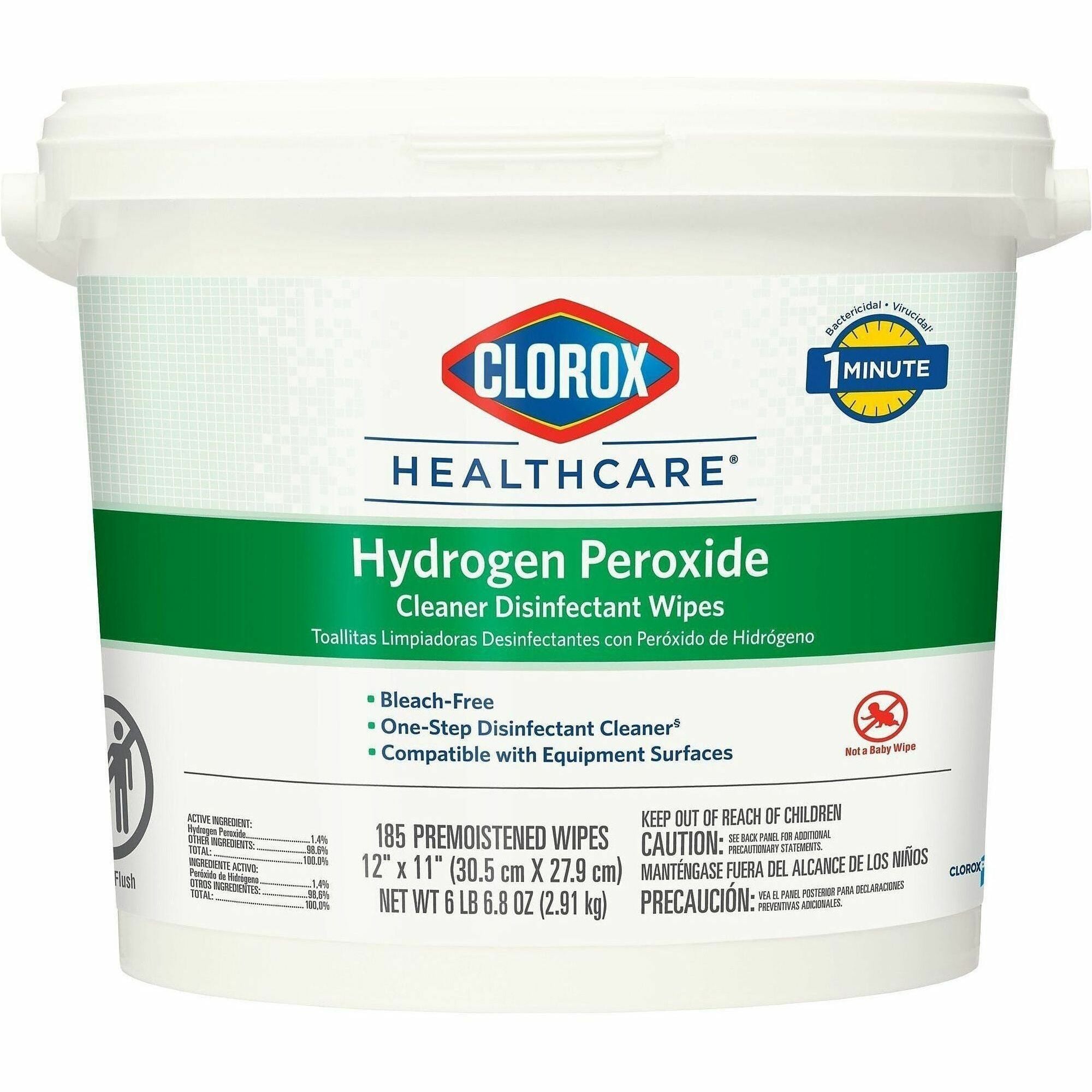 Clorox Healthcare Hydrogen Peroxide Cleaner Disinfectant Wipes, 11" x 12", White, Pre-moistened, Anti-bacterial, 185 Wipes per Tub, 1 Tub