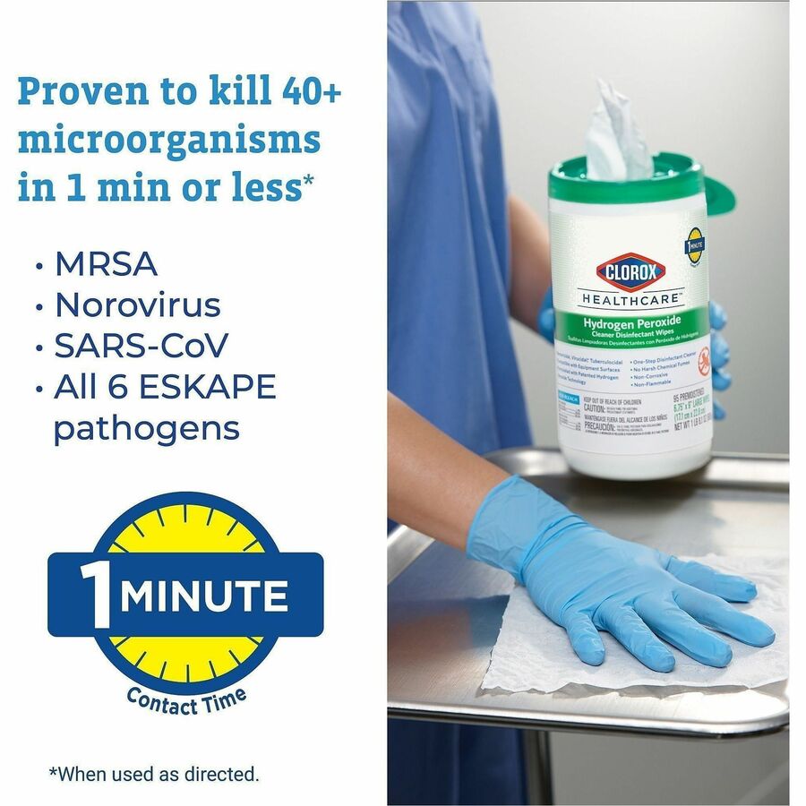 Clorox Healthcare Hydrogen Peroxide Cleaner Disinfectant Wipes, 11" x 12", White, Pre-moistened, Anti-bacterial, 185 Wipes per Tub, 1 Tub