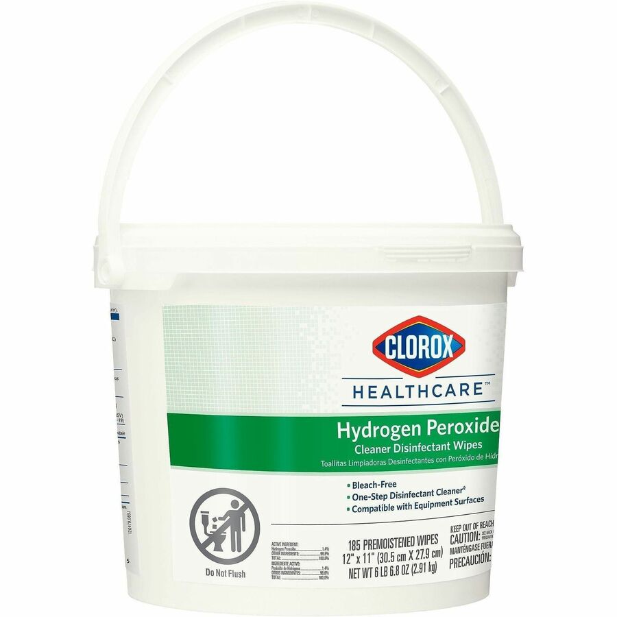 Clorox Healthcare Hydrogen Peroxide Cleaner Disinfectant Wipes, 11" x 12", White, Pre-moistened, Anti-bacterial, 185 Wipes per Tub, 1 Tub