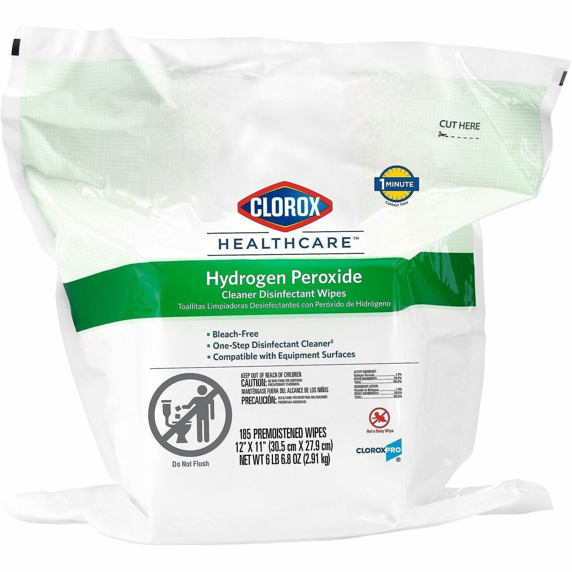 Clorox Healthcare Hydrogen Peroxide Cleaner Disinfectant Wipes Bucket Refill, White, Pre-moistened, Anti-bacterial, 11" x 12", 185 Wipes per Pack, 1 Pack