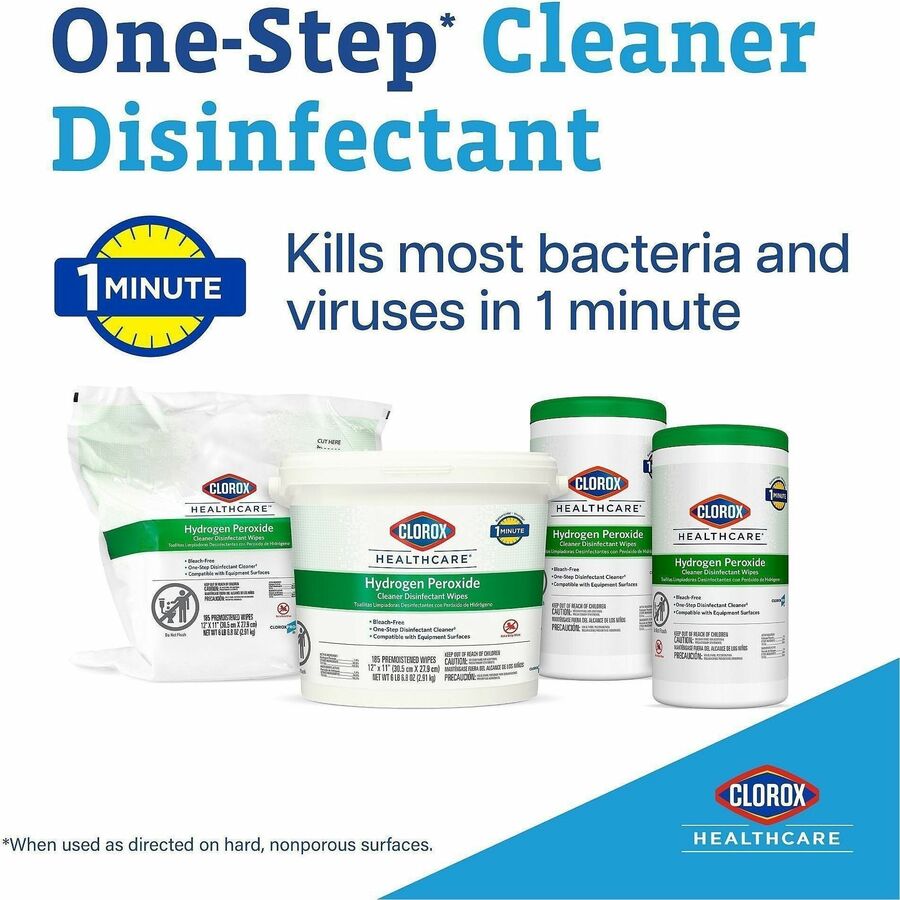 Clorox Healthcare Hydrogen Peroxide Cleaner Disinfectant Wipes Bucket Refill, White, Pre-moistened, Anti-bacterial, 11" x 12", 185 Wipes per Pack, 1 Pack