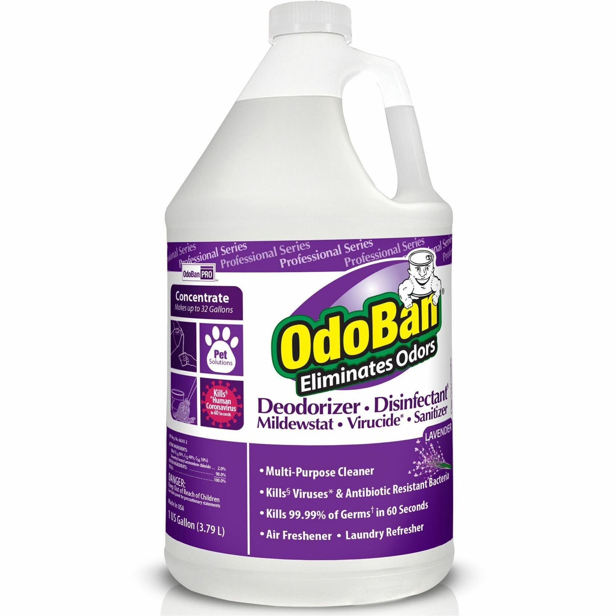 OdoBan Deodorizer Disinfectant Cleaner Concentrate, Lavender Scent, 128 fl oz (4 quart), Liquid, Purple, 1 Each