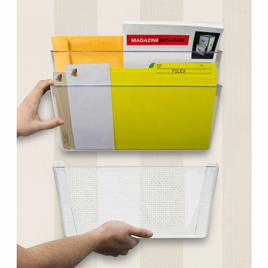 Storex Stacking Wall Pocket, 1 Pocket, 7" x 4" x 16", Stackable, Clear Poly, Includes Wall Anchors, Screws, Double Sided Tape, Pocket Clips, 1 Each