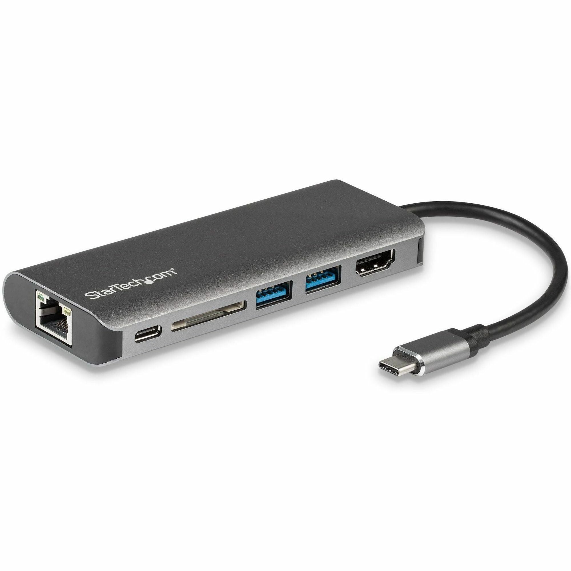 StarTech.com Docking Station, USB-C, 3 USB 3.0 Ports, 1 HDMI, SD Card Reader, Gigabit Ethernet, Thunderbolt, 4K Support, 60W Power Delivery, Black/Gray, 1 Each
