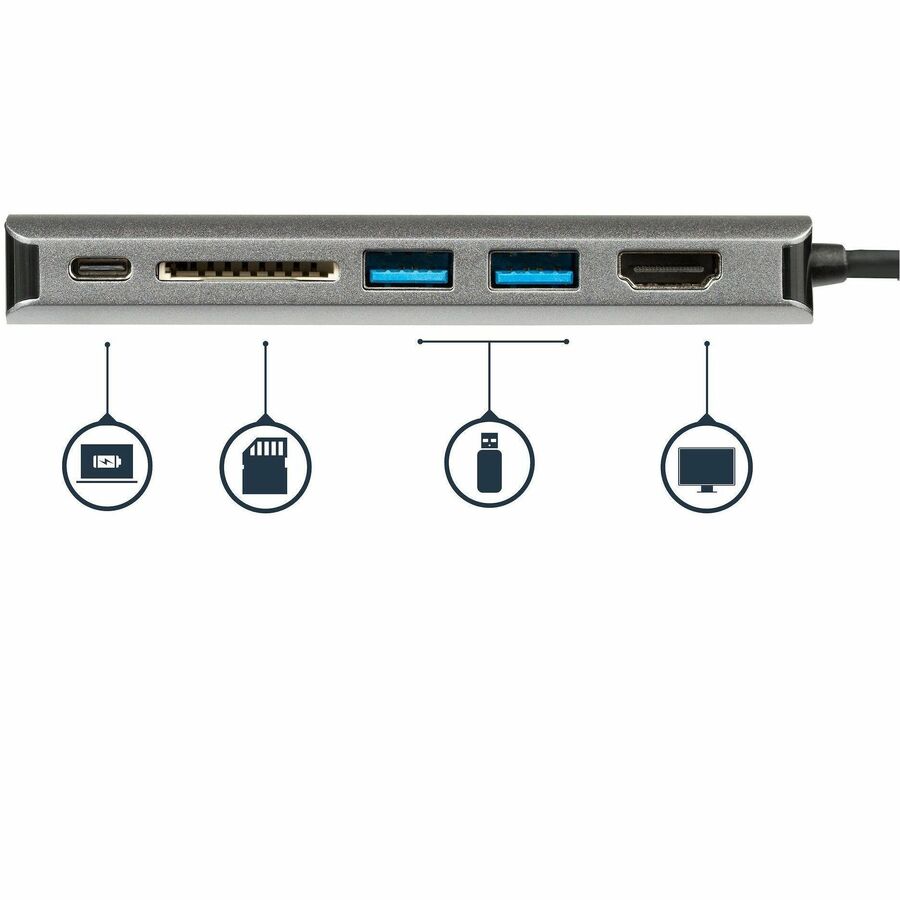 StarTech.com Docking Station, USB-C, 3 USB 3.0 Ports, 1 HDMI, SD Card Reader, Gigabit Ethernet, Thunderbolt, 4K Support, 60W Power Delivery, Black/Gray, 1 Each