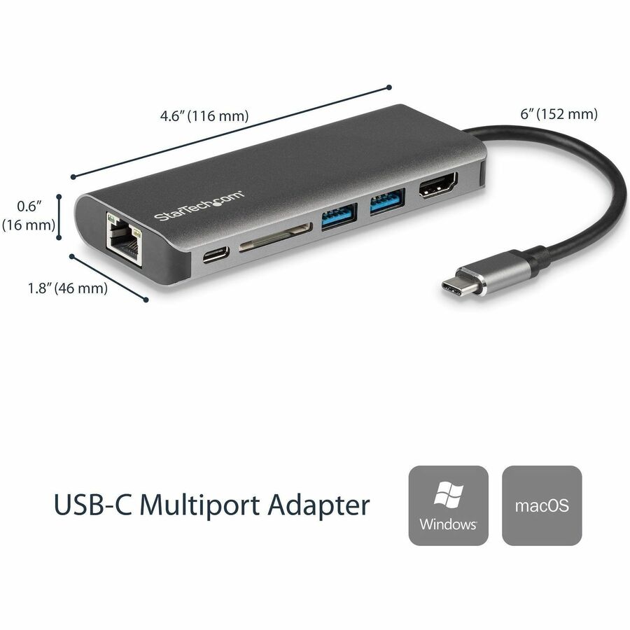 StarTech.com Docking Station, USB-C, 3 USB 3.0 Ports, 1 HDMI, SD Card Reader, Gigabit Ethernet, Thunderbolt, 4K Support, 60W Power Delivery, Black/Gray, 1 Each