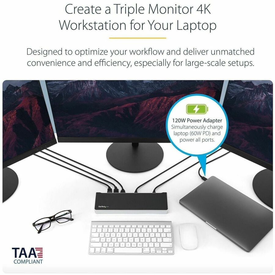 StarTech.com Triple Monitor 4K USB-C Dock with 5x USB 3.0 Port